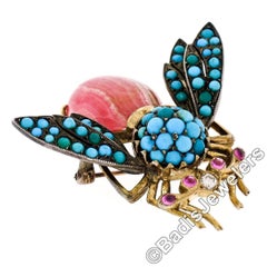 Vintage Yellow Gold & Silver Ruby Diamond Turquoise Rhodochrosite Bee Fly Brooch