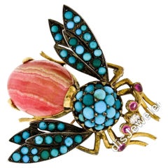 Vintage Yellow Gold & Silver Ruby Diamond Turquoise Rhodochrosite Bee Fly Brooch
