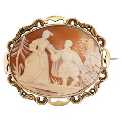 Vintage Yellow Gold Sir Walter Raleigh & Lady Shell Cameo Brooch