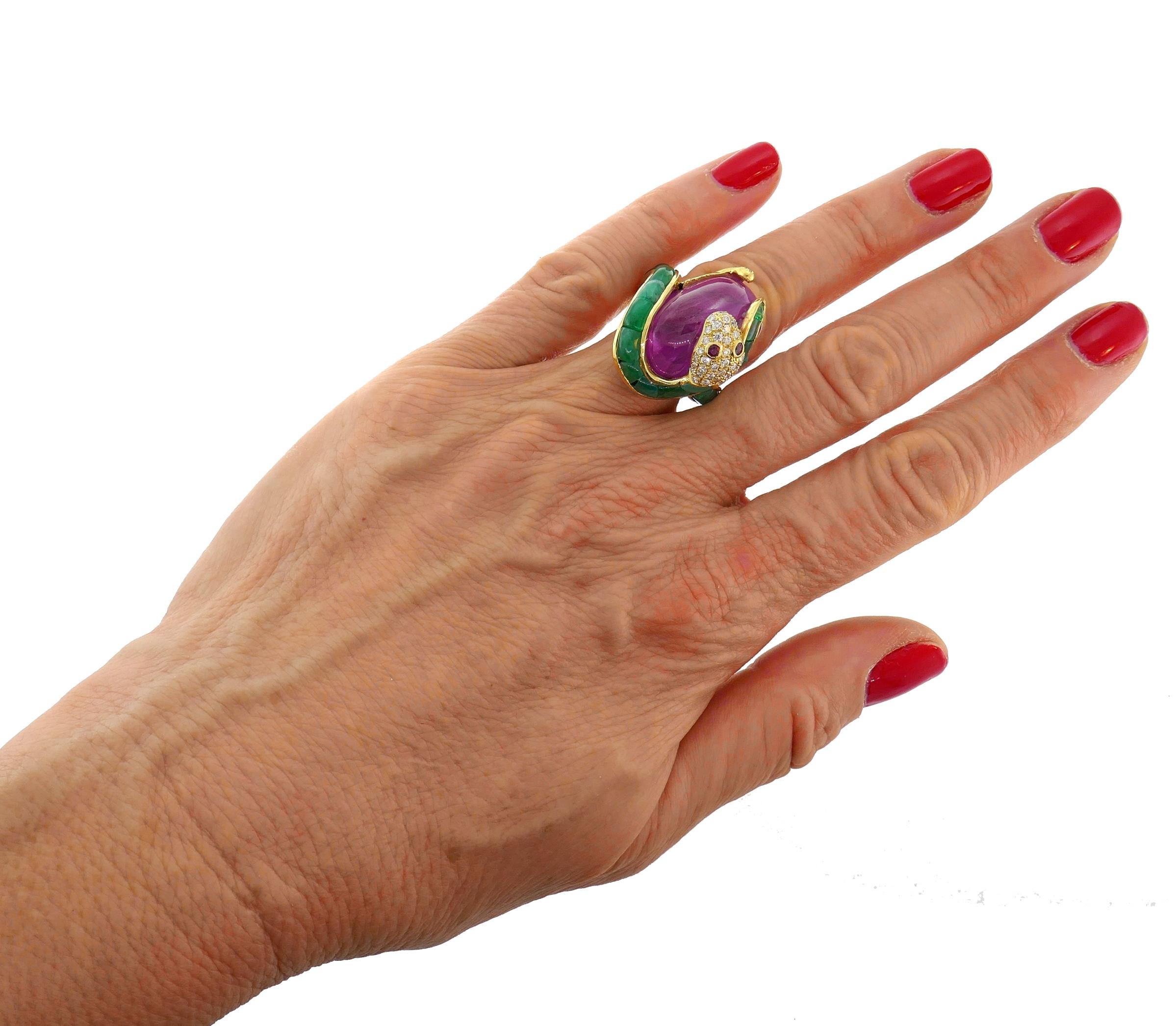 Mixed Cut Vintage Yellow Gold Snake Ring with Diamond Ruby Emerald