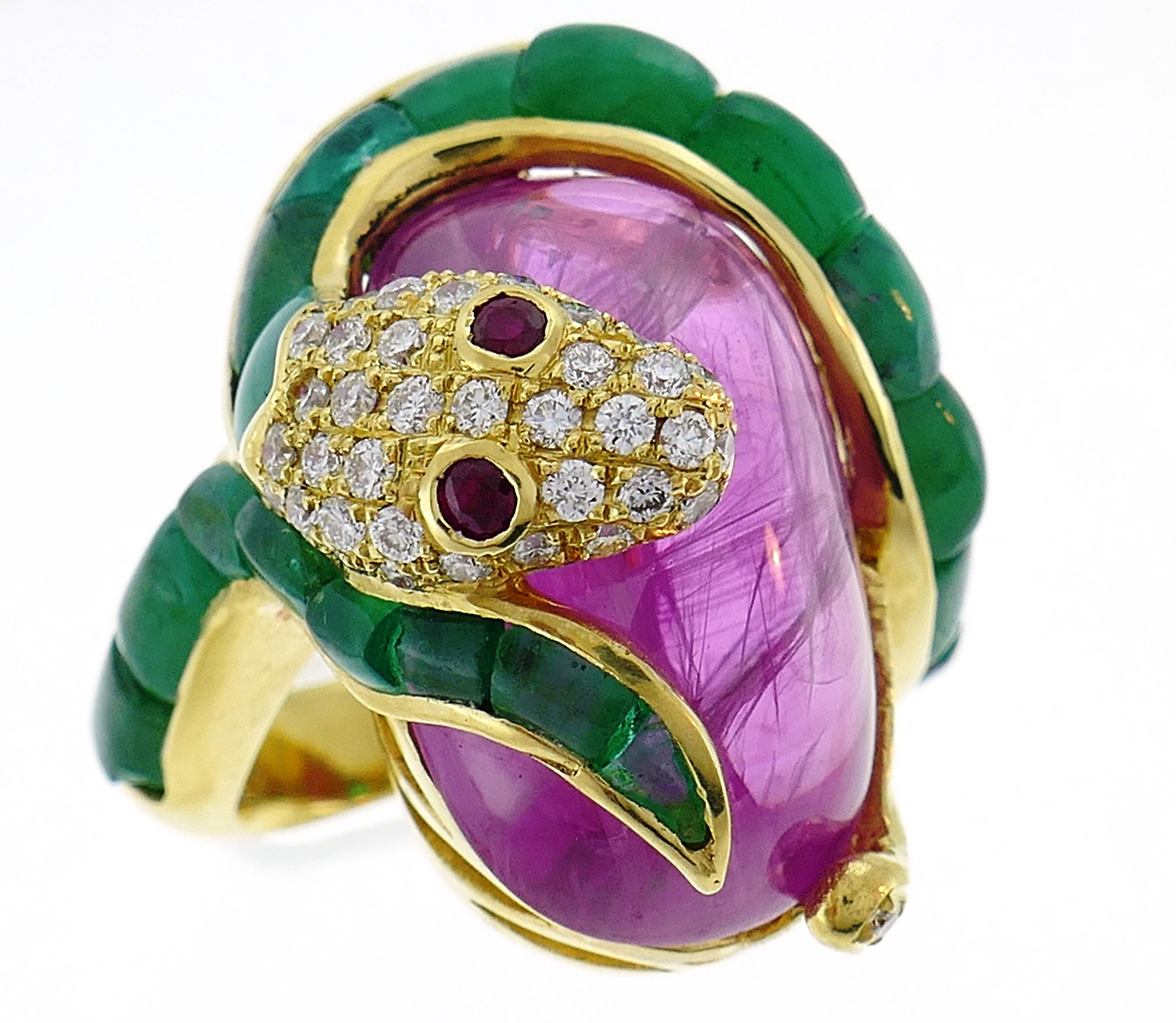 Vintage Yellow Gold Snake Ring with Diamond Ruby Emerald In Good Condition In Beverly Hills, CA