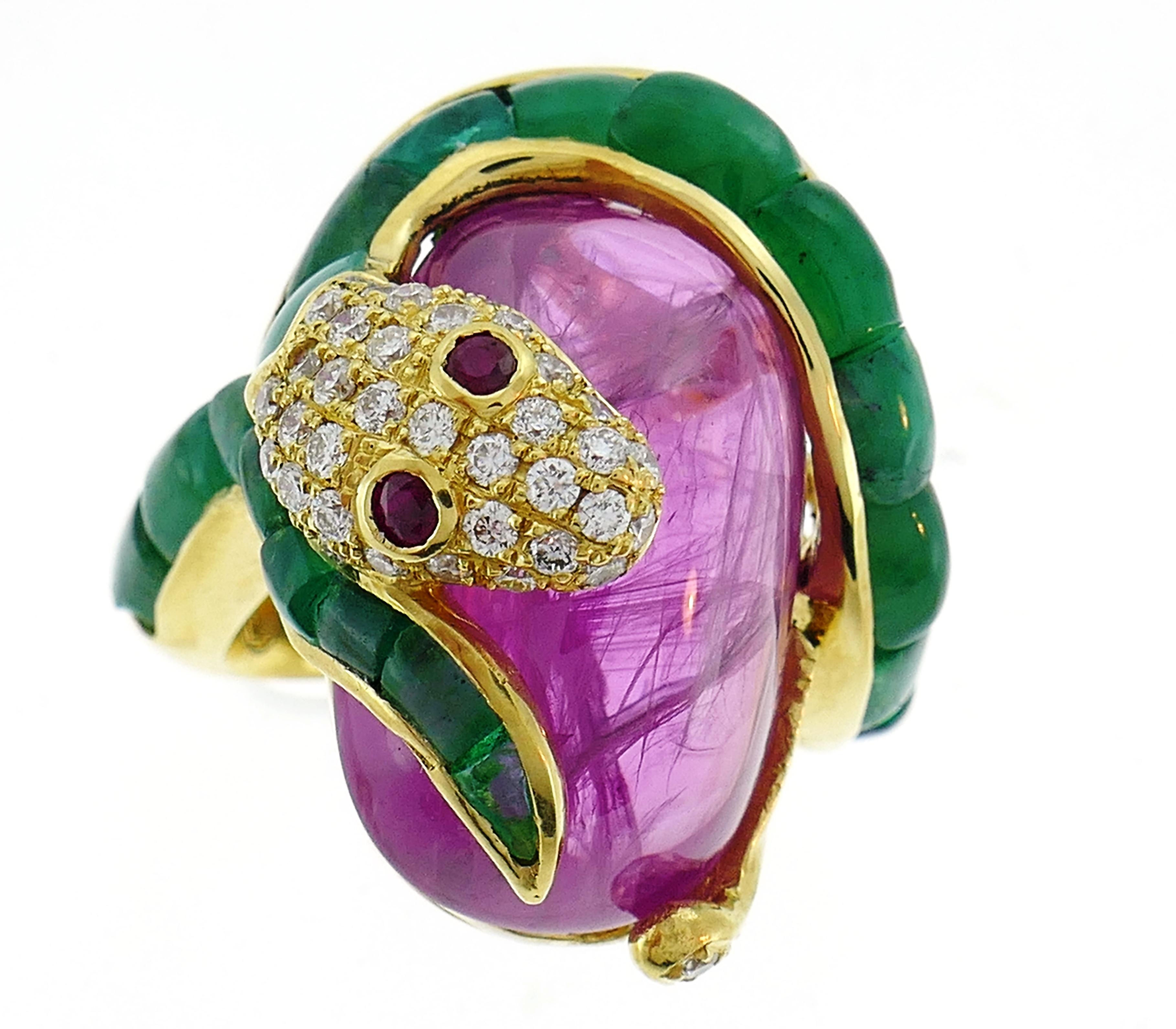Women's or Men's Vintage Yellow Gold Snake Ring with Diamond Ruby Emerald