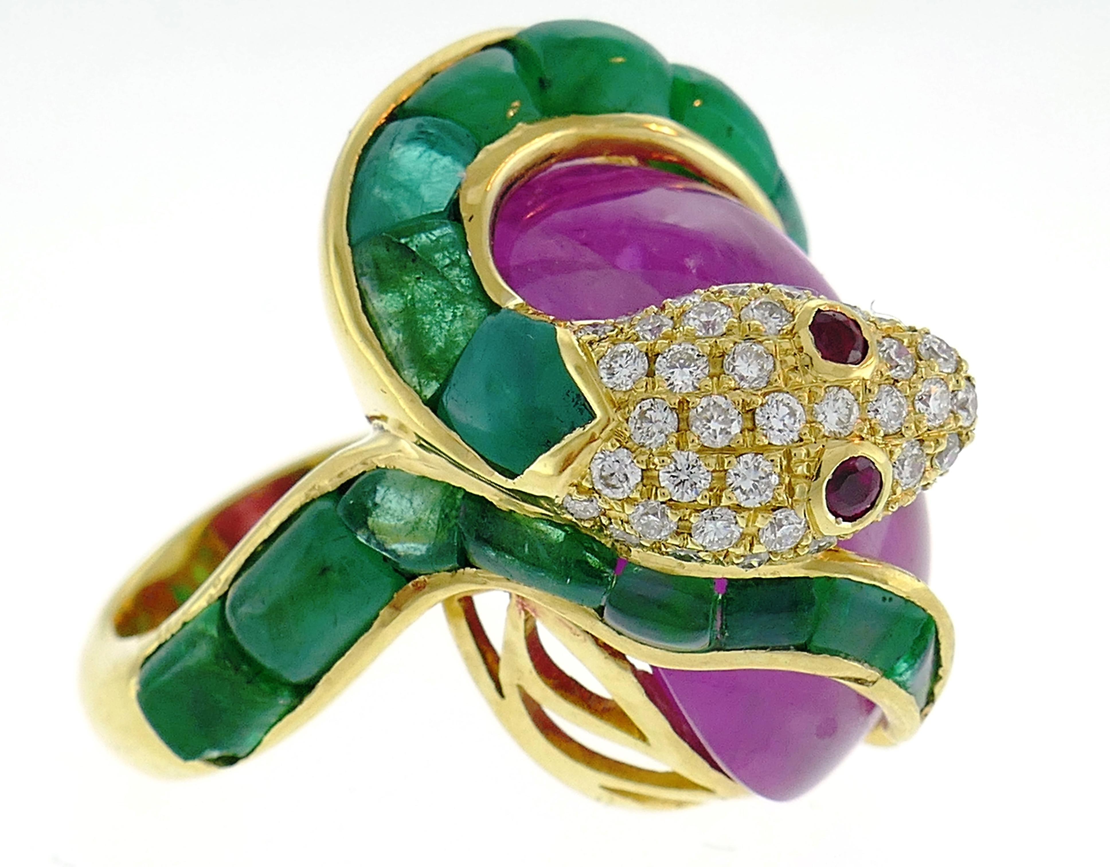 Vintage Yellow Gold Snake Ring with Diamond Ruby Emerald 1