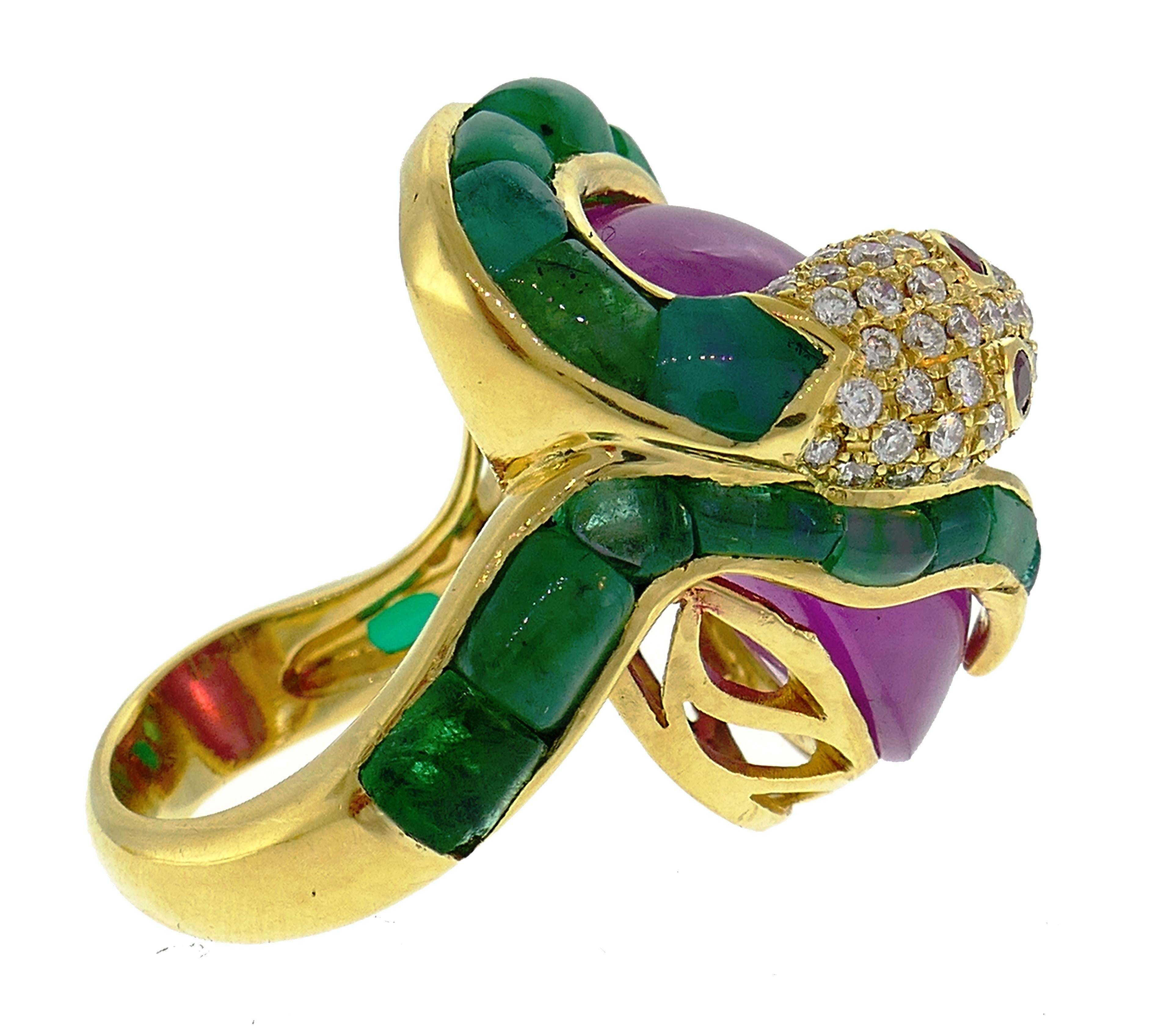 Vintage Yellow Gold Snake Ring with Diamond Ruby Emerald 2