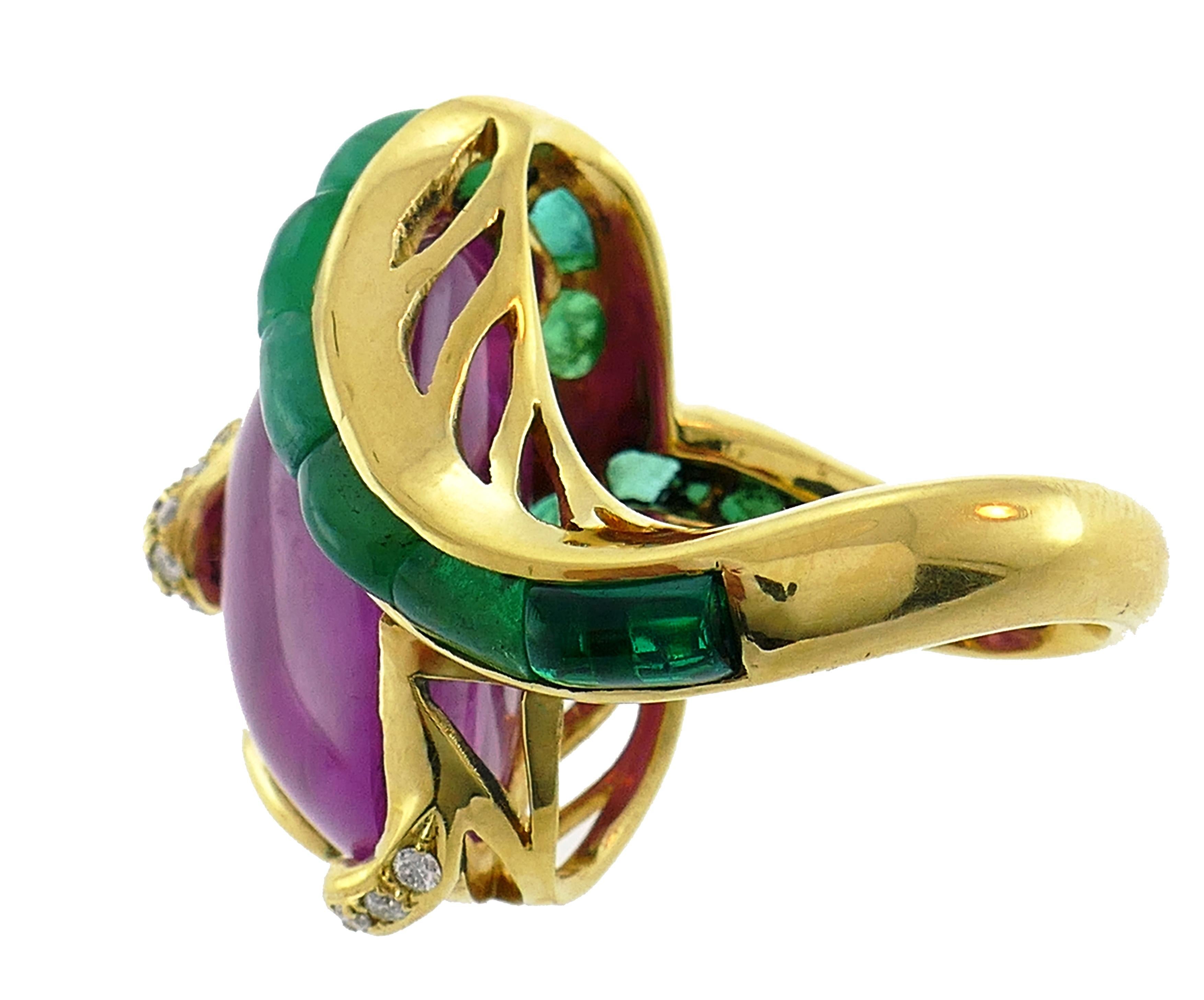 Vintage Yellow Gold Snake Ring with Diamond Ruby Emerald 3