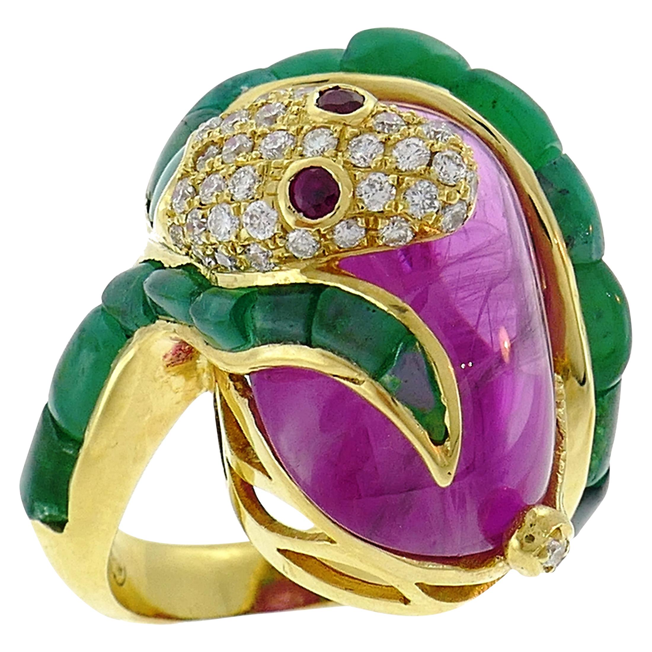 Vintage Yellow Gold Snake Ring with Diamond Ruby Emerald