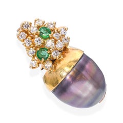 Vintage Yellow Gold Tahitian Pearl, Diamond, & Emerald Pendant