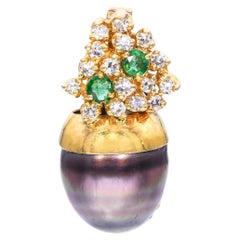 Vintage Yellow Gold Tahitian Pearl, Diamond, & Emerald Pendant