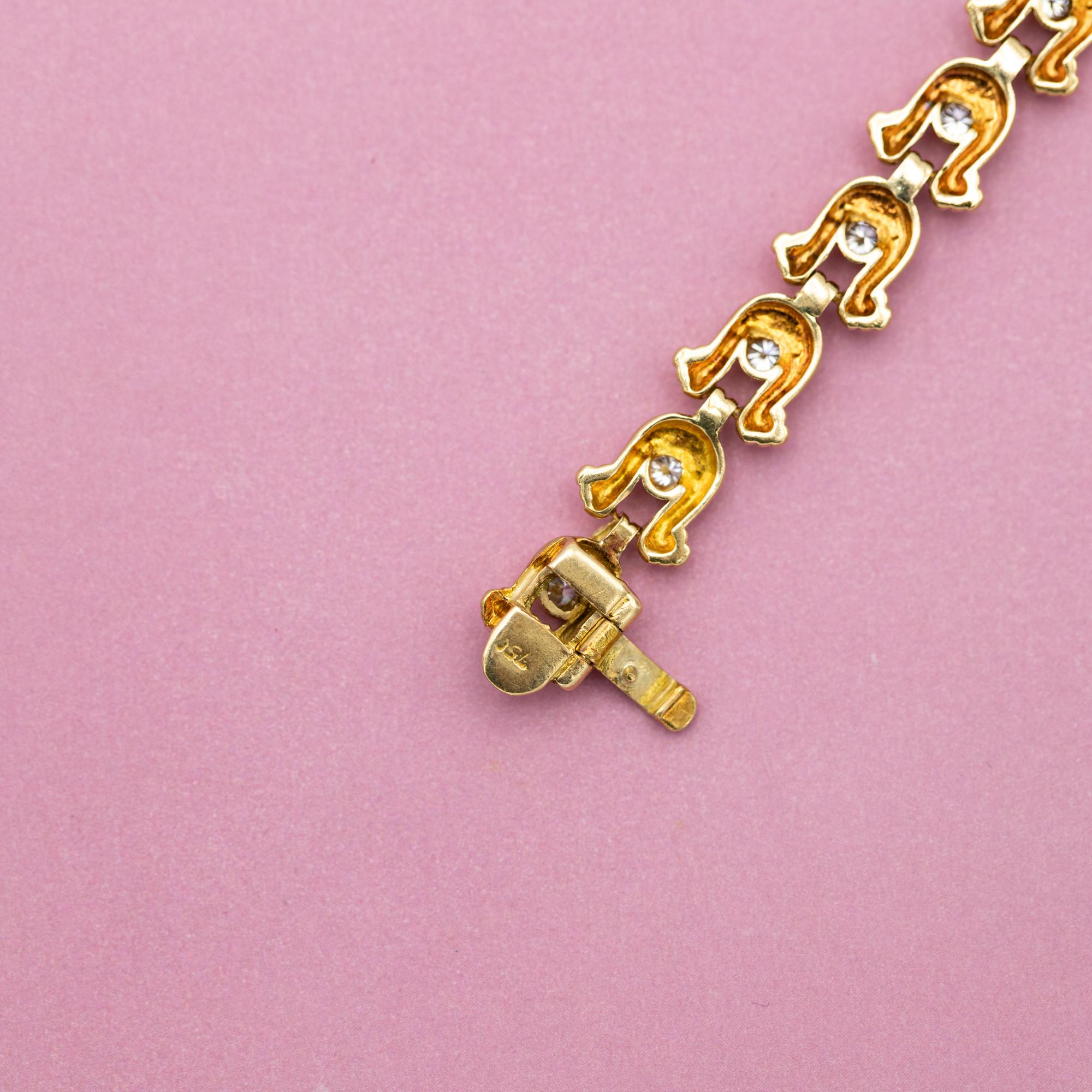 Vintage yellow gold Tennis bracelet - Horse shoe - 12.5 gr - 0.62 ct diamonds 2