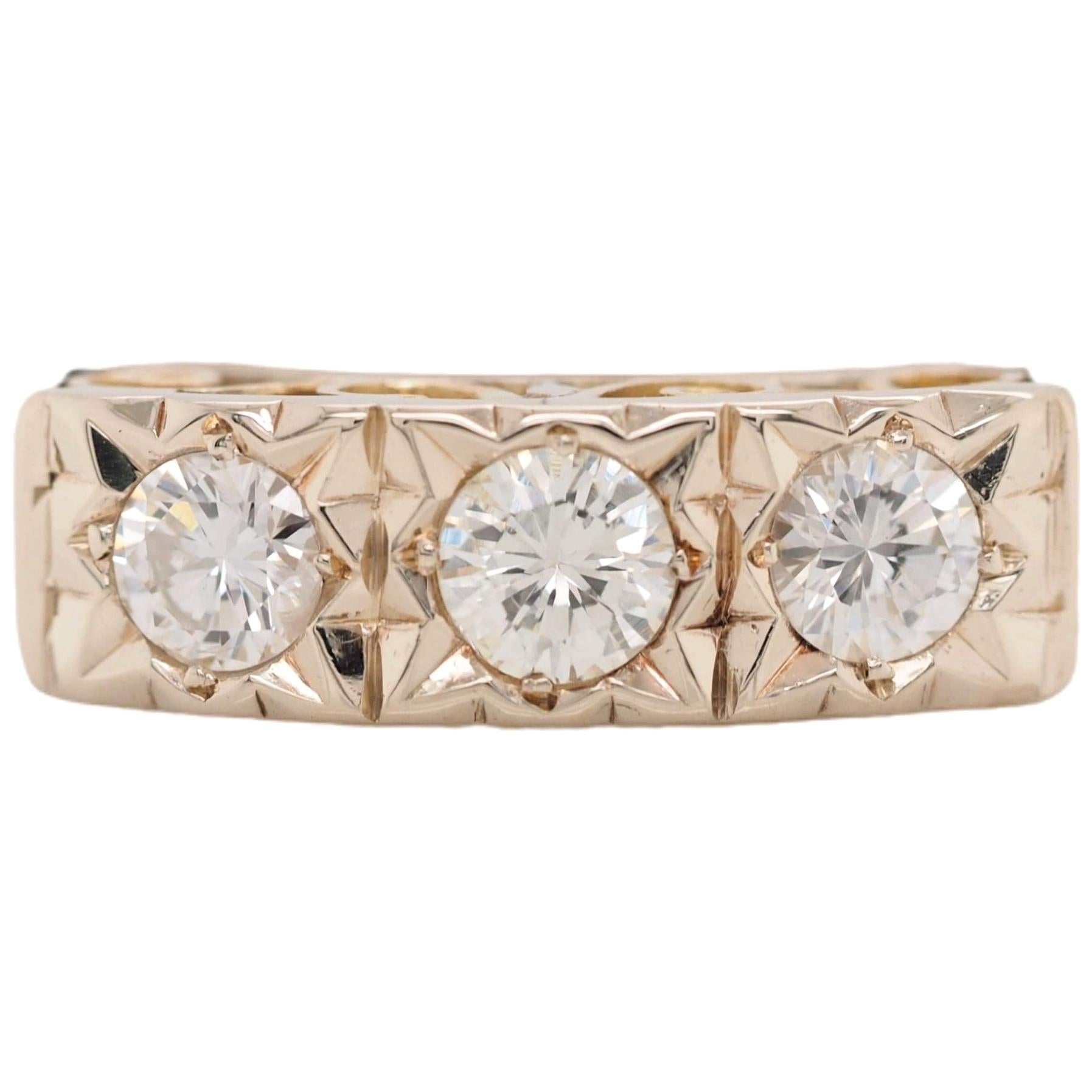 Vintage Yellow Gold Three-Stone Diamond Filigree Engagement Ring For Sale