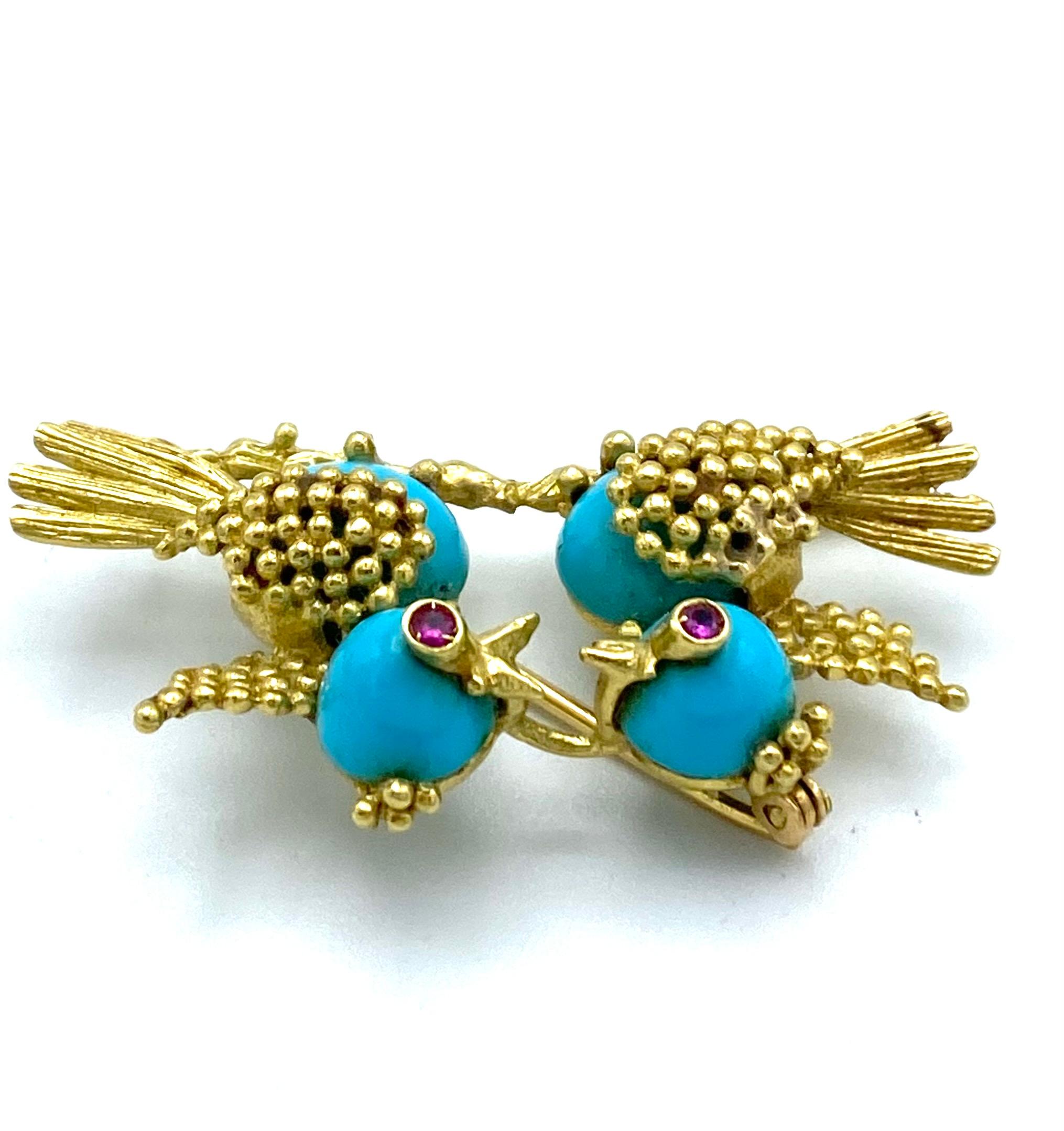 Round Cut Vintage Yellow Gold Turquoise and Ruby Love Birds Brooch