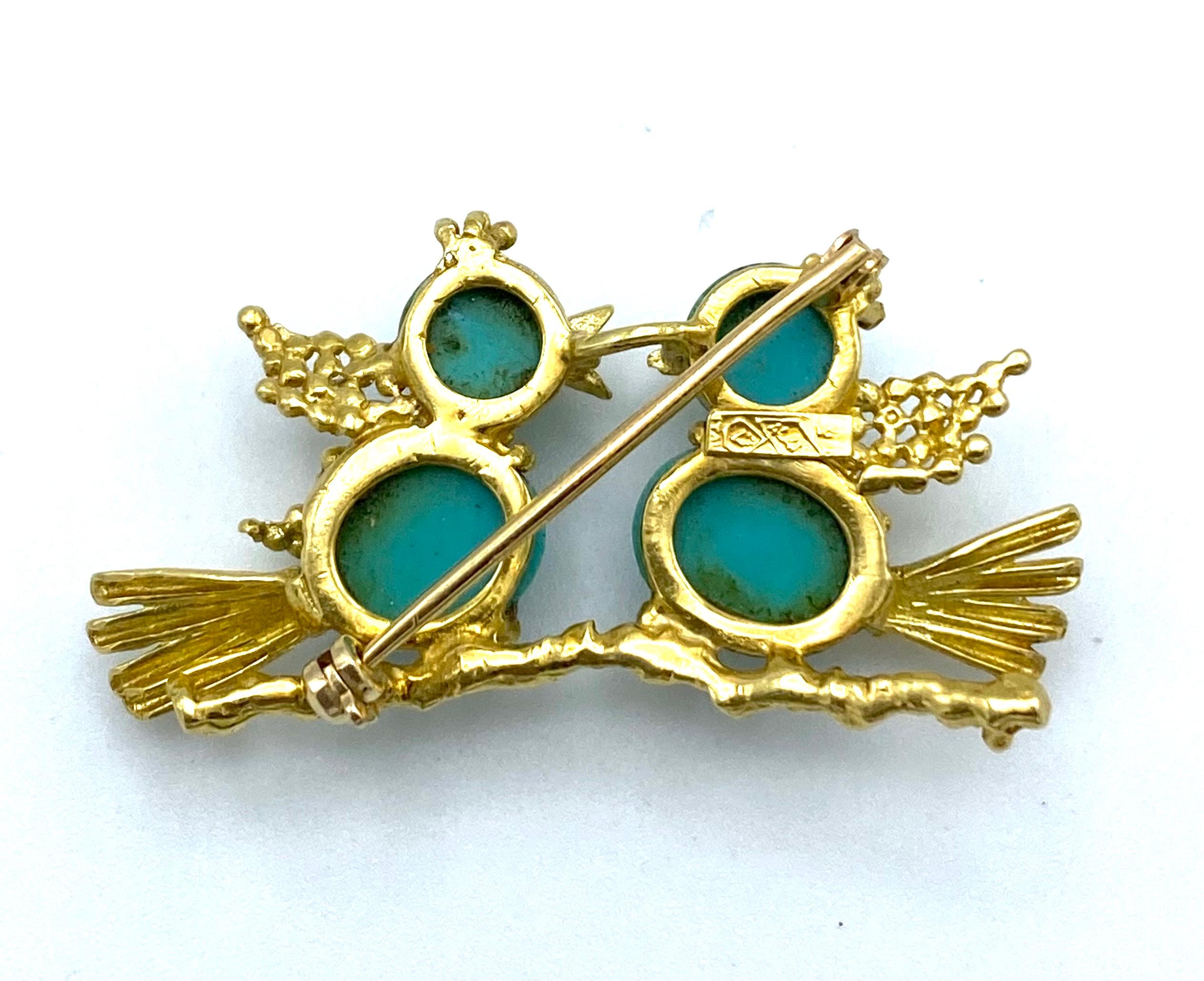 Vintage Yellow Gold Turquoise and Ruby Love Birds Brooch 1