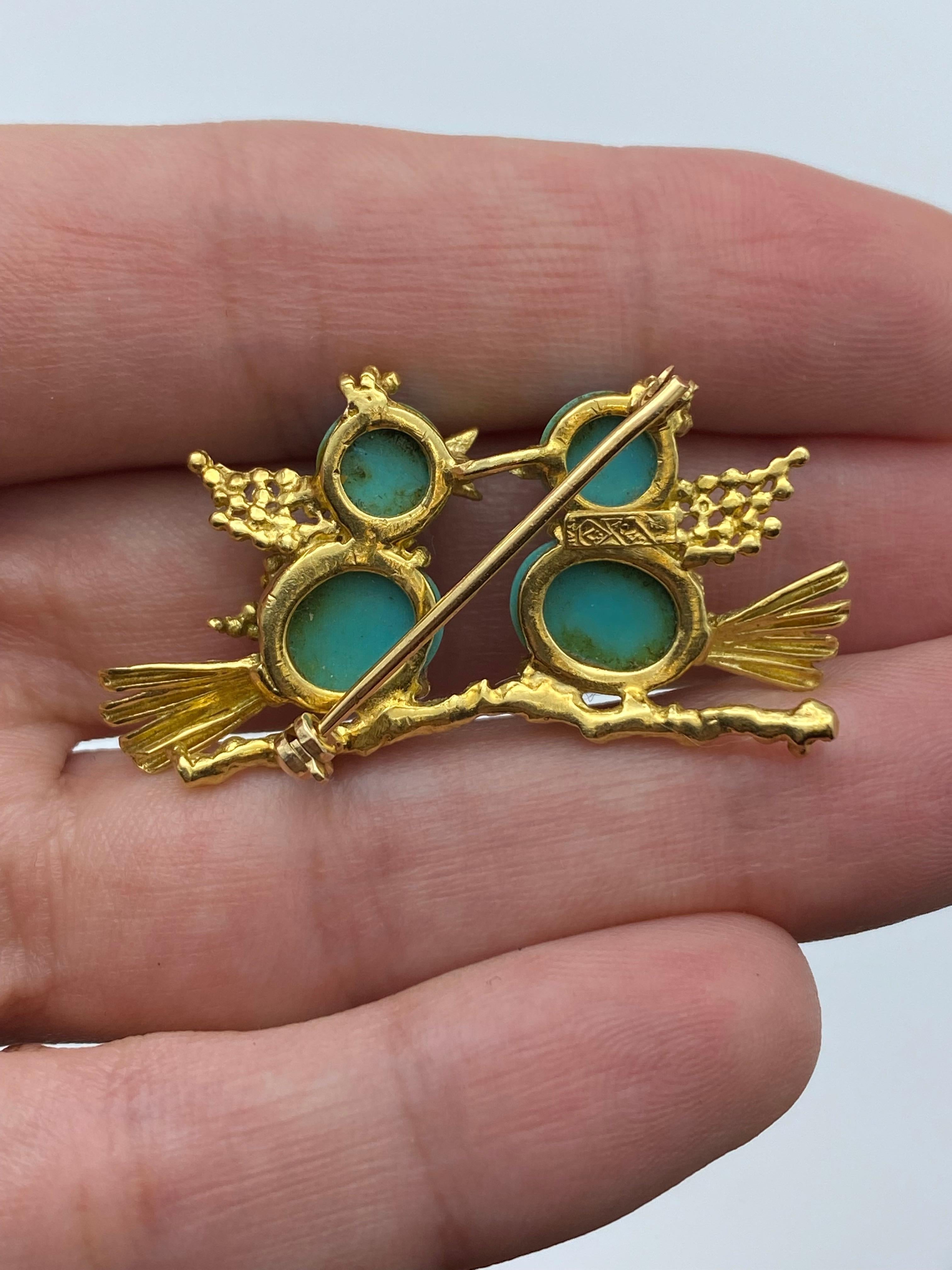 Vintage Yellow Gold Turquoise and Ruby Love Birds Brooch 2
