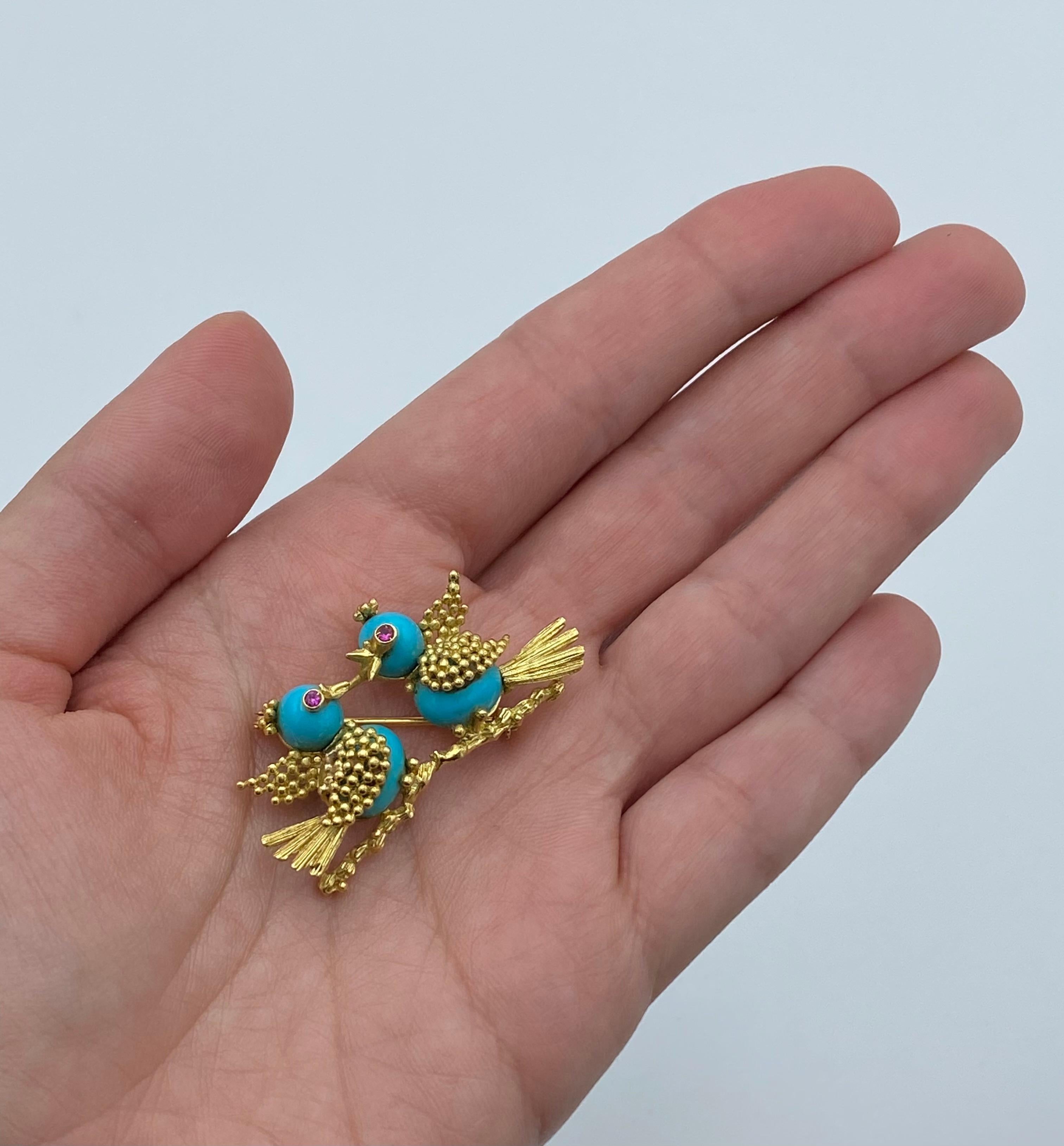 Vintage Yellow Gold Turquoise and Ruby Love Birds Brooch 3