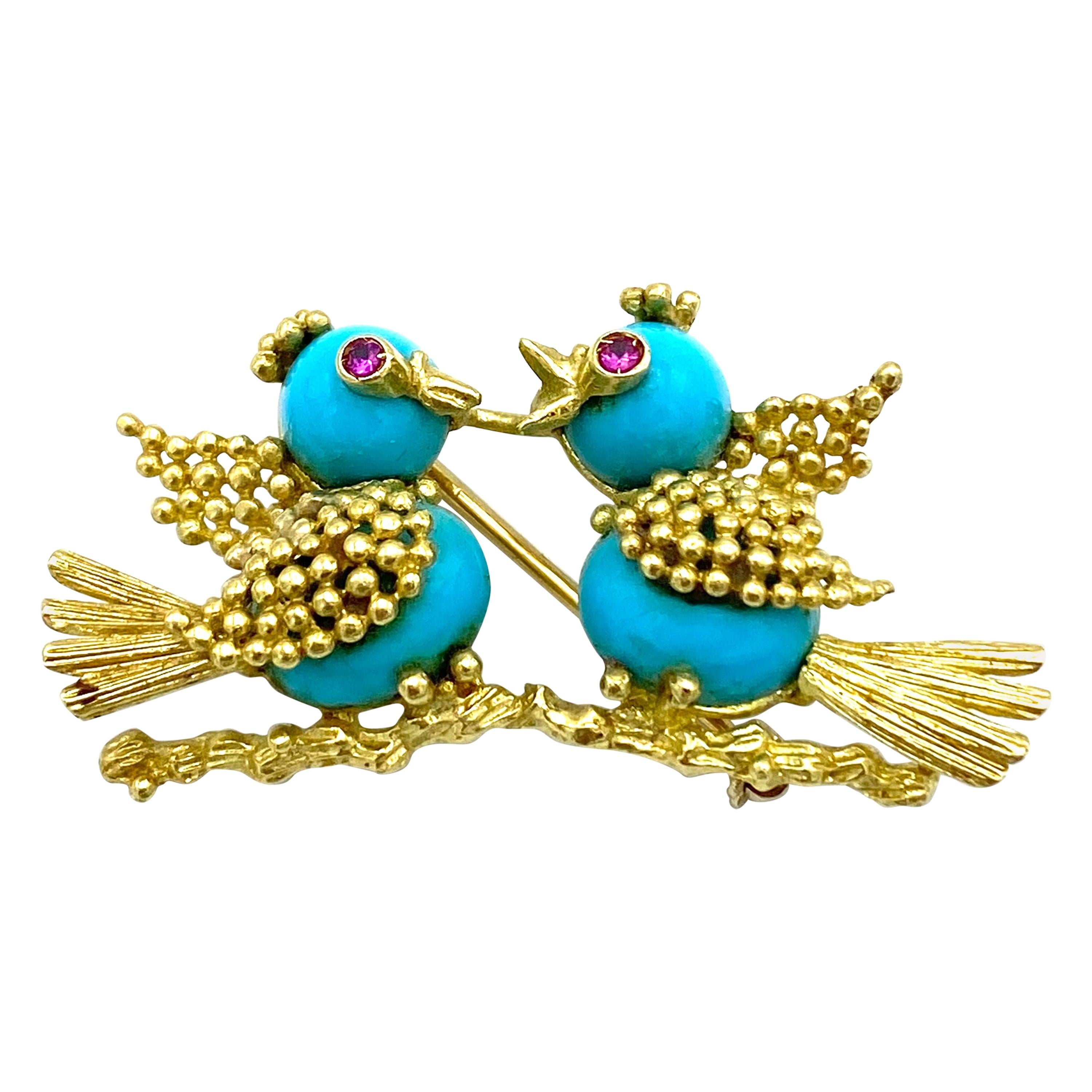 Vintage Yellow Gold Turquoise and Ruby Love Birds Brooch