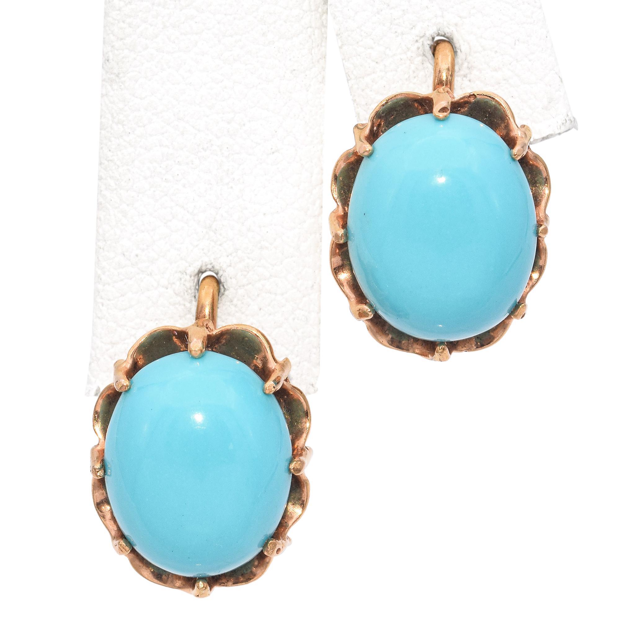 Vintage Yellow Gold Turquoise Cabochon Earrings 1
