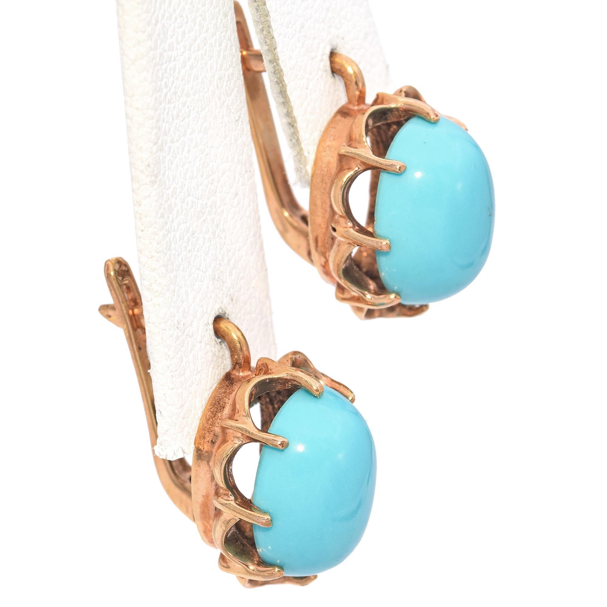 Vintage Yellow Gold Turquoise Cabochon Earrings 2