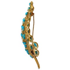 Vintage Yellow Gold Turquoise & Diamond Detailed Work Large Leaf Pin Brooch