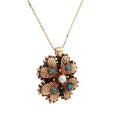 Vintage Yellow Gold Turquoise Pearl 4 Leaf Clover Reversible Pendant Necklace
