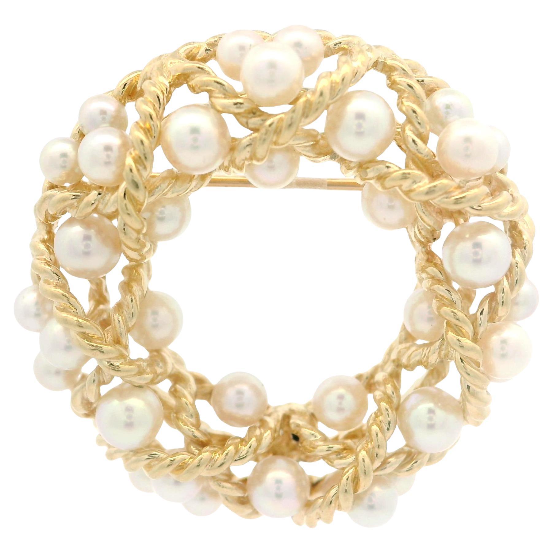 Vintage Yellow Gold Twisted Wire Wreath w/ Cultured Pearl Pin Brooch