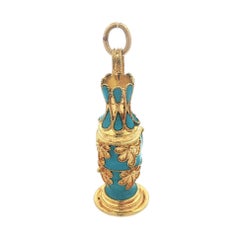 Vintage Yellow Gold w/ Blue Enamel Work Detailed Pitcher Charm Pendant