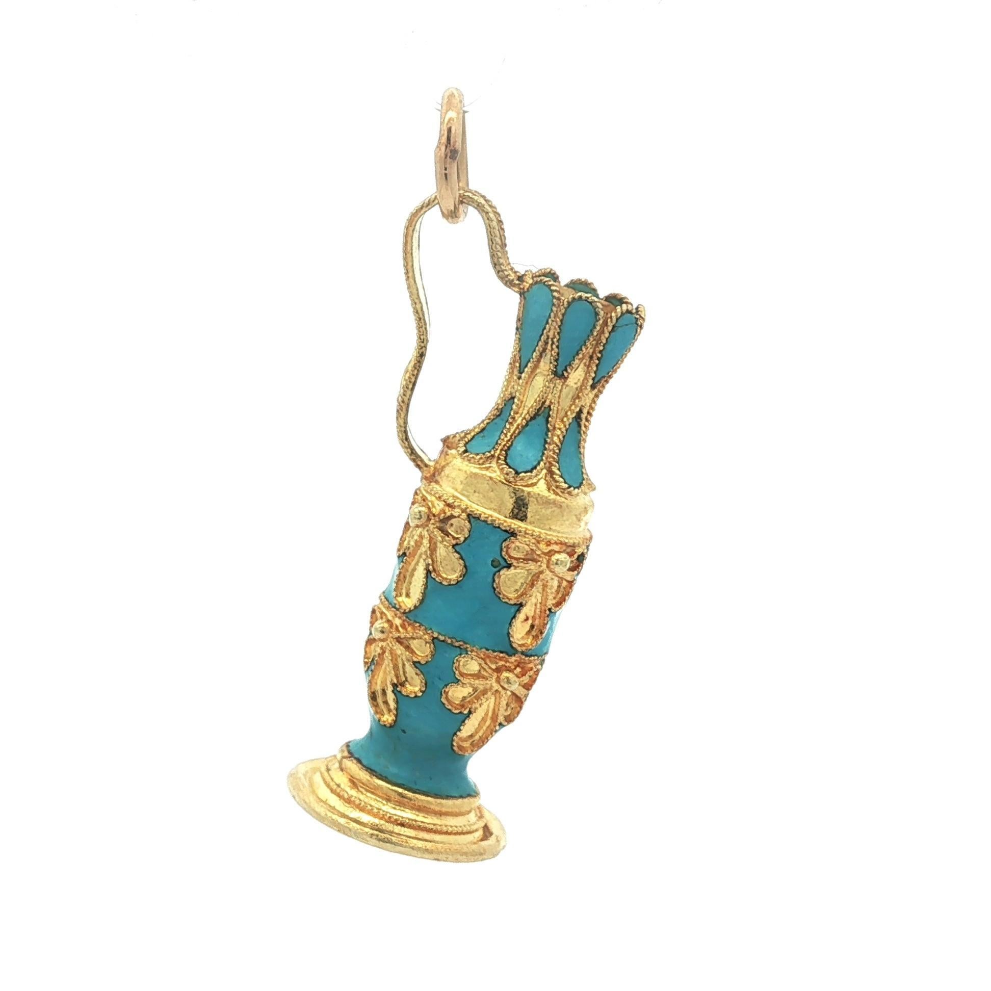 Vintage Yellow Gold w/ Blue Enamel Work Detailed Pitcher Charm Pendant In Good Condition For Sale In Montclair, NJ