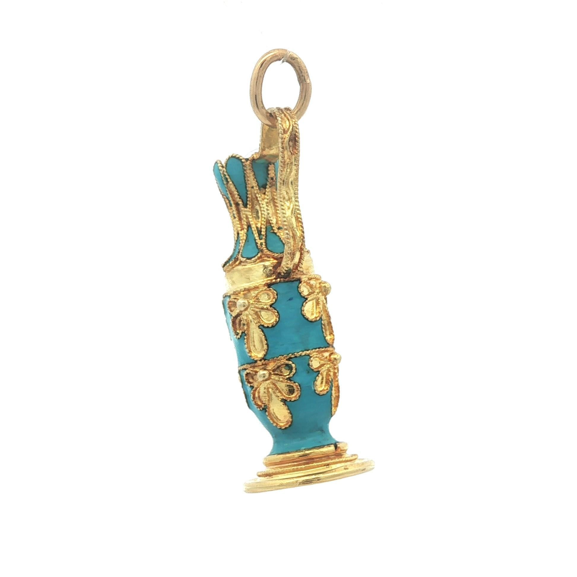 Women's Vintage Yellow Gold w/ Blue Enamel Work Detailed Pitcher Charm Pendant For Sale
