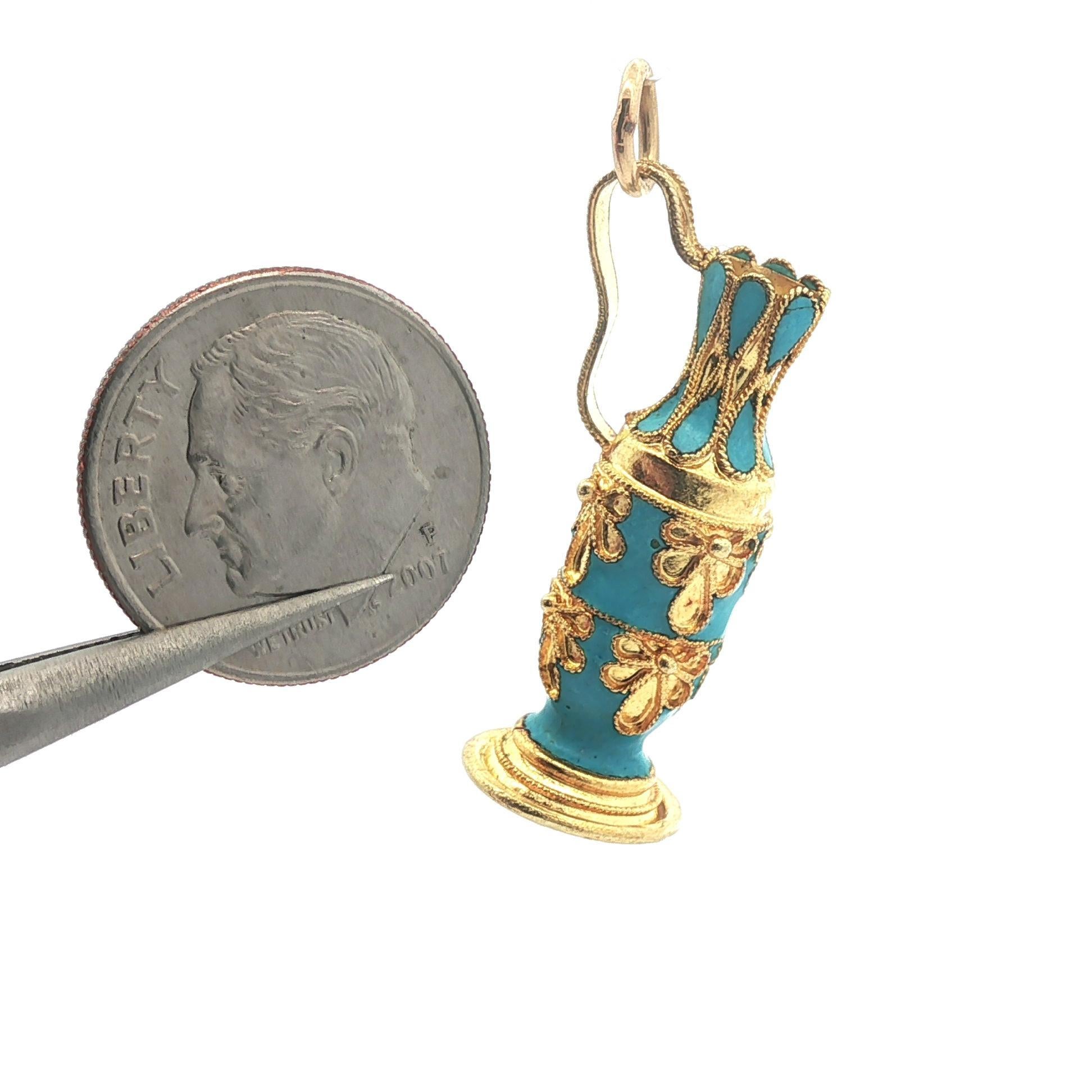 Vintage Yellow Gold w/ Blue Enamel Work Detailed Pitcher Charm Pendant For Sale 1
