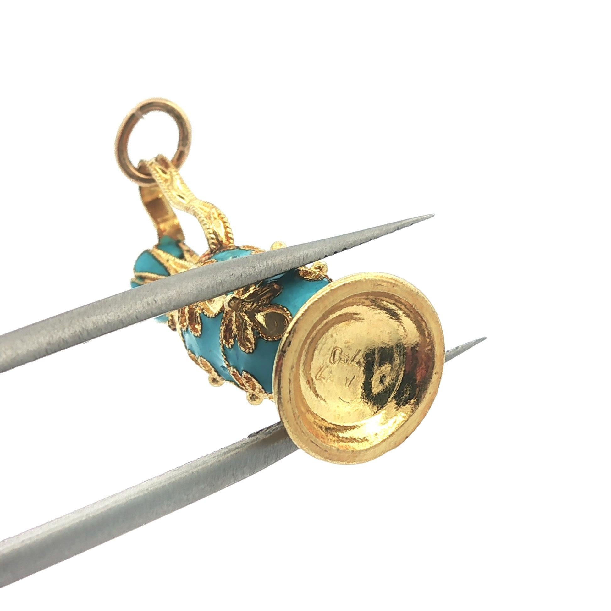 Vintage Yellow Gold w/ Blue Enamel Work Detailed Pitcher Charm Pendant For Sale 2