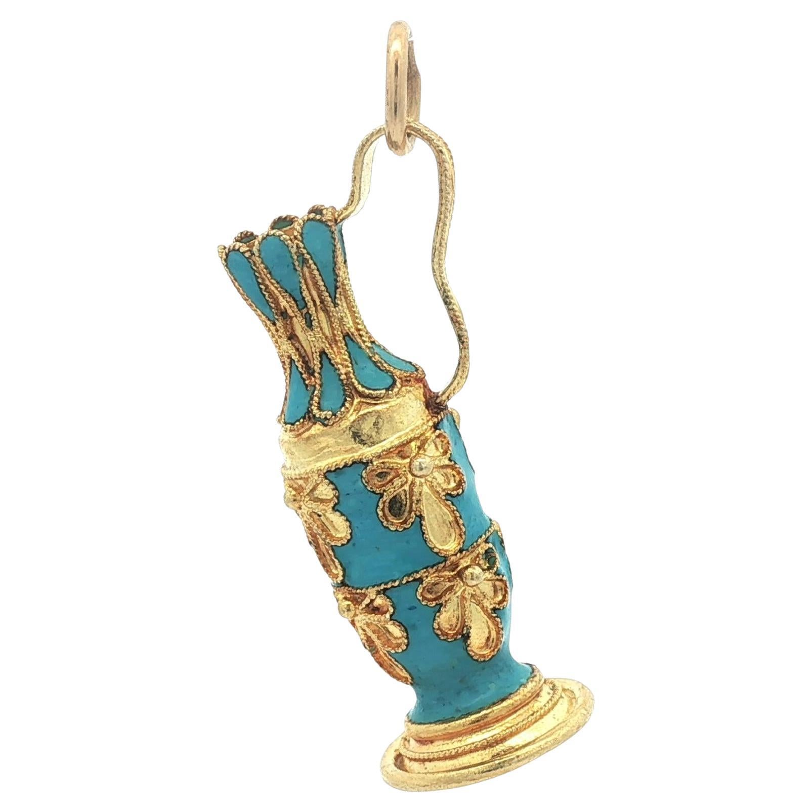 Vintage Yellow Gold w/ Blue Enamel Work Detailed Pitcher Charm Pendant For Sale