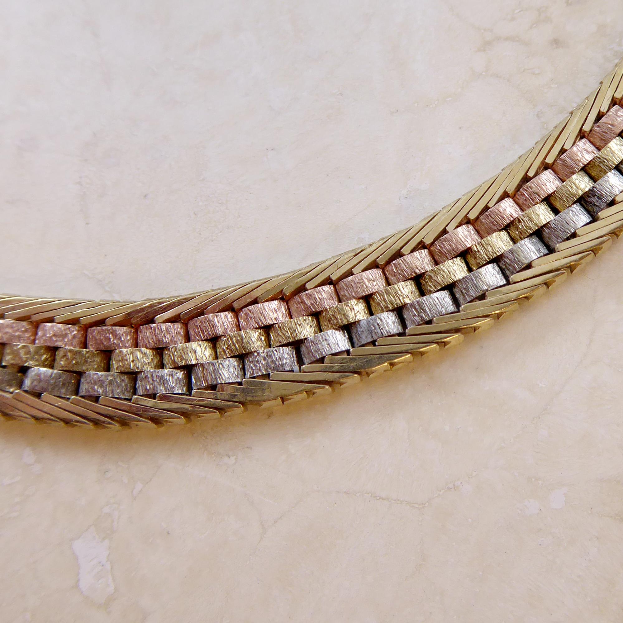 Vintage Yellow Gold, White Gold and Rose Gold Brick Link Necklace, 1979 2