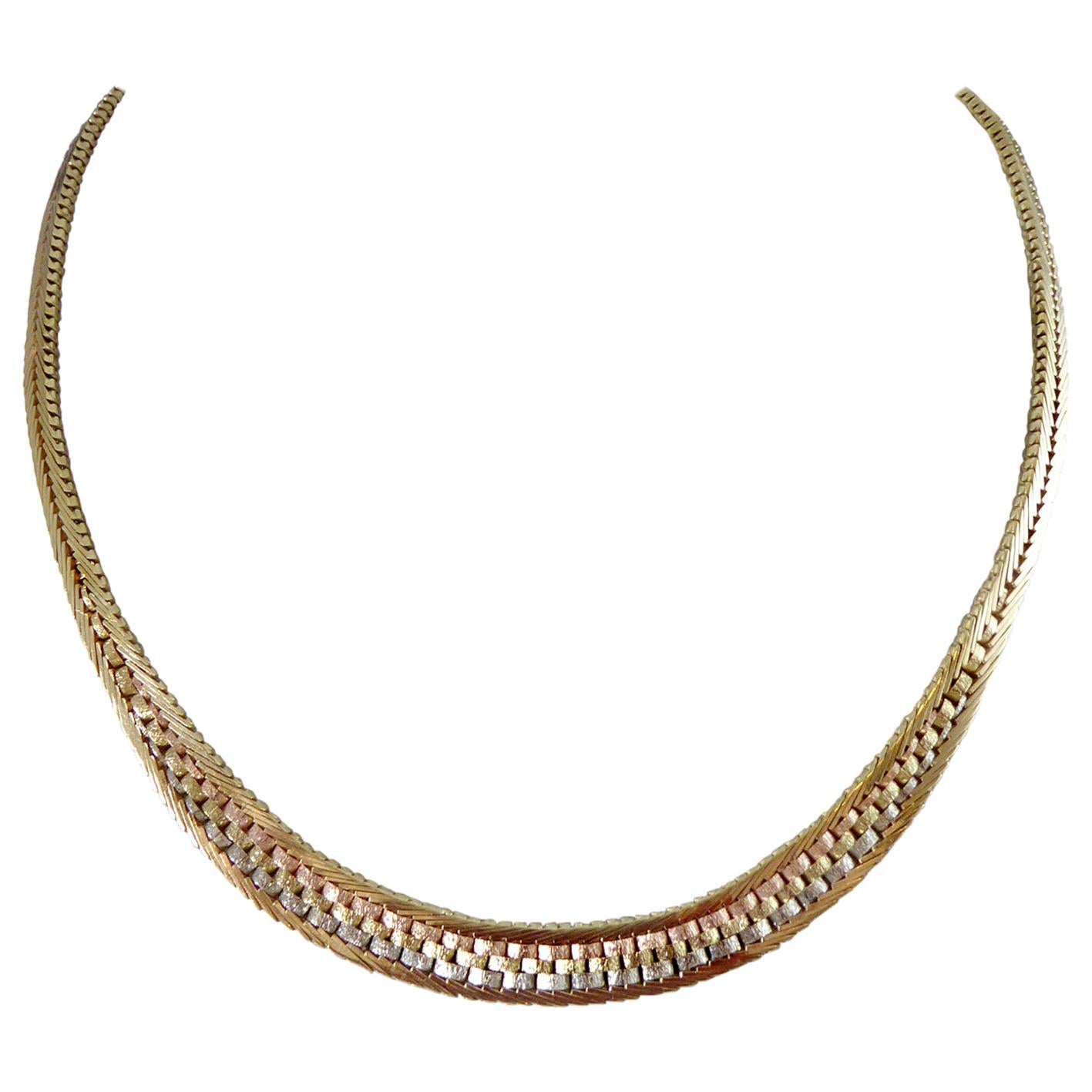 Vintage Yellow Gold, White Gold and Rose Gold Brick Link Necklace, 1979
