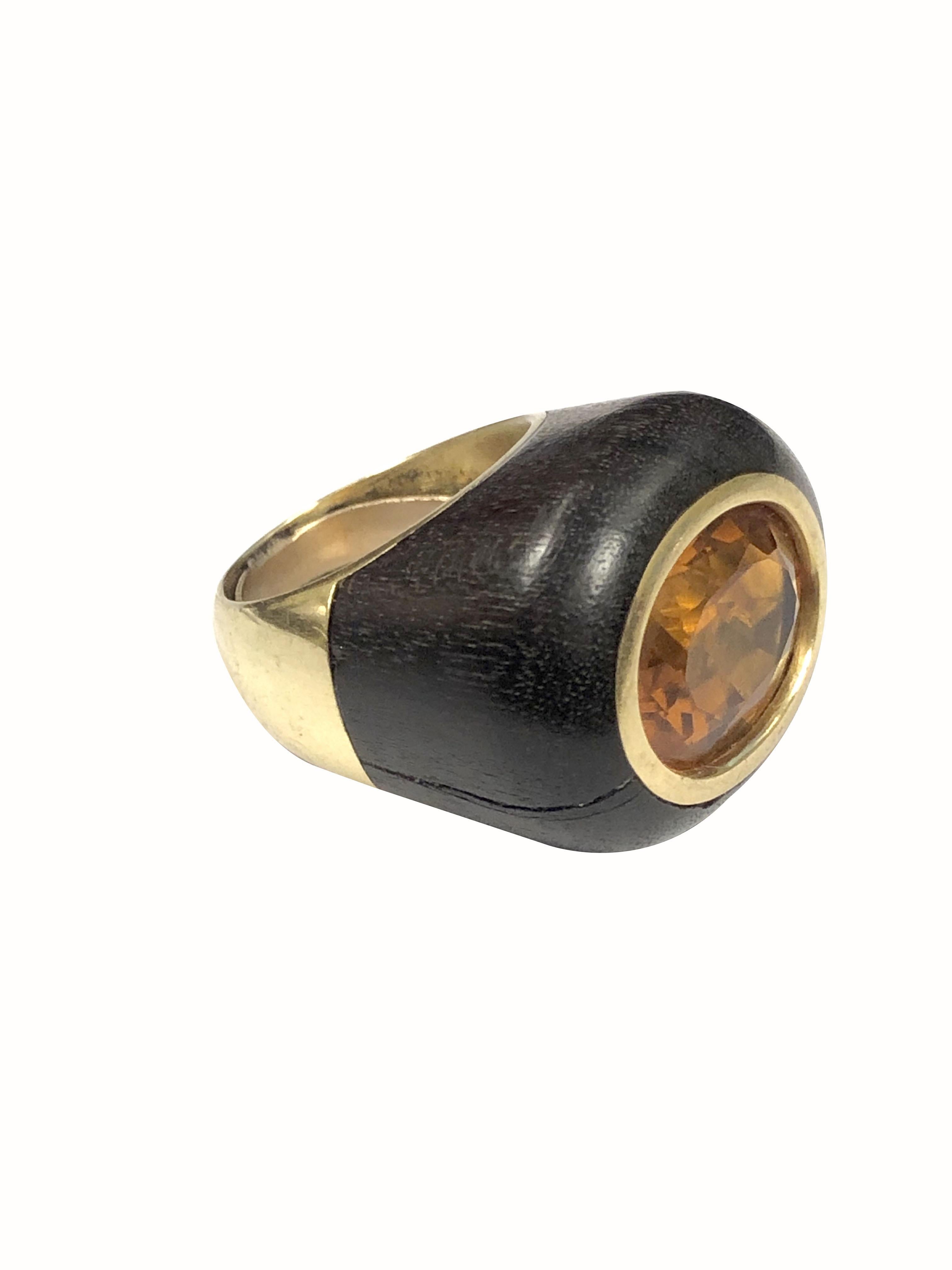 Oval Cut Vintage Yellow Gold Wood and Golden Topaz Ring For Sale