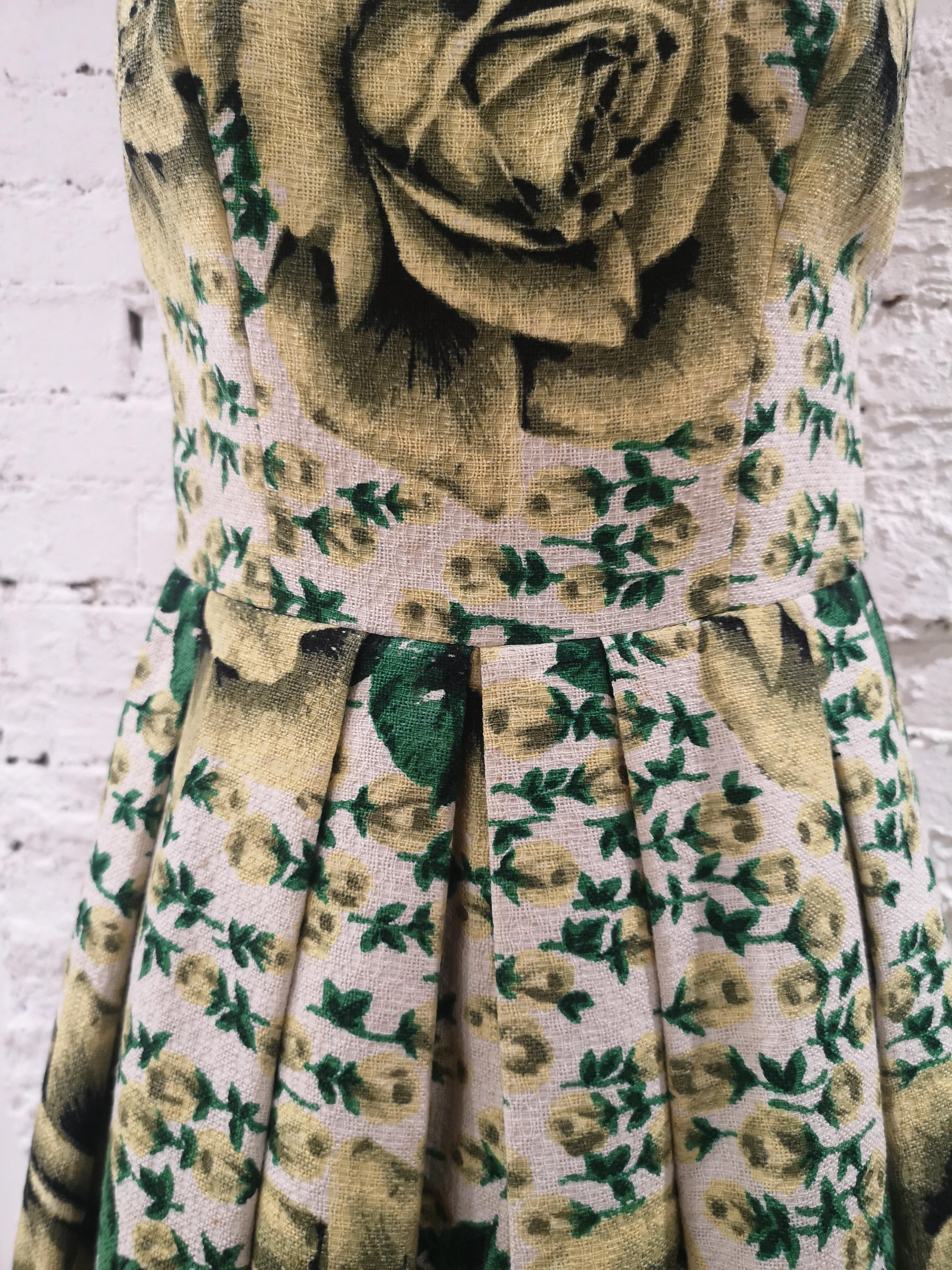 Marron Robe vintage en coton jaune et vert en vente