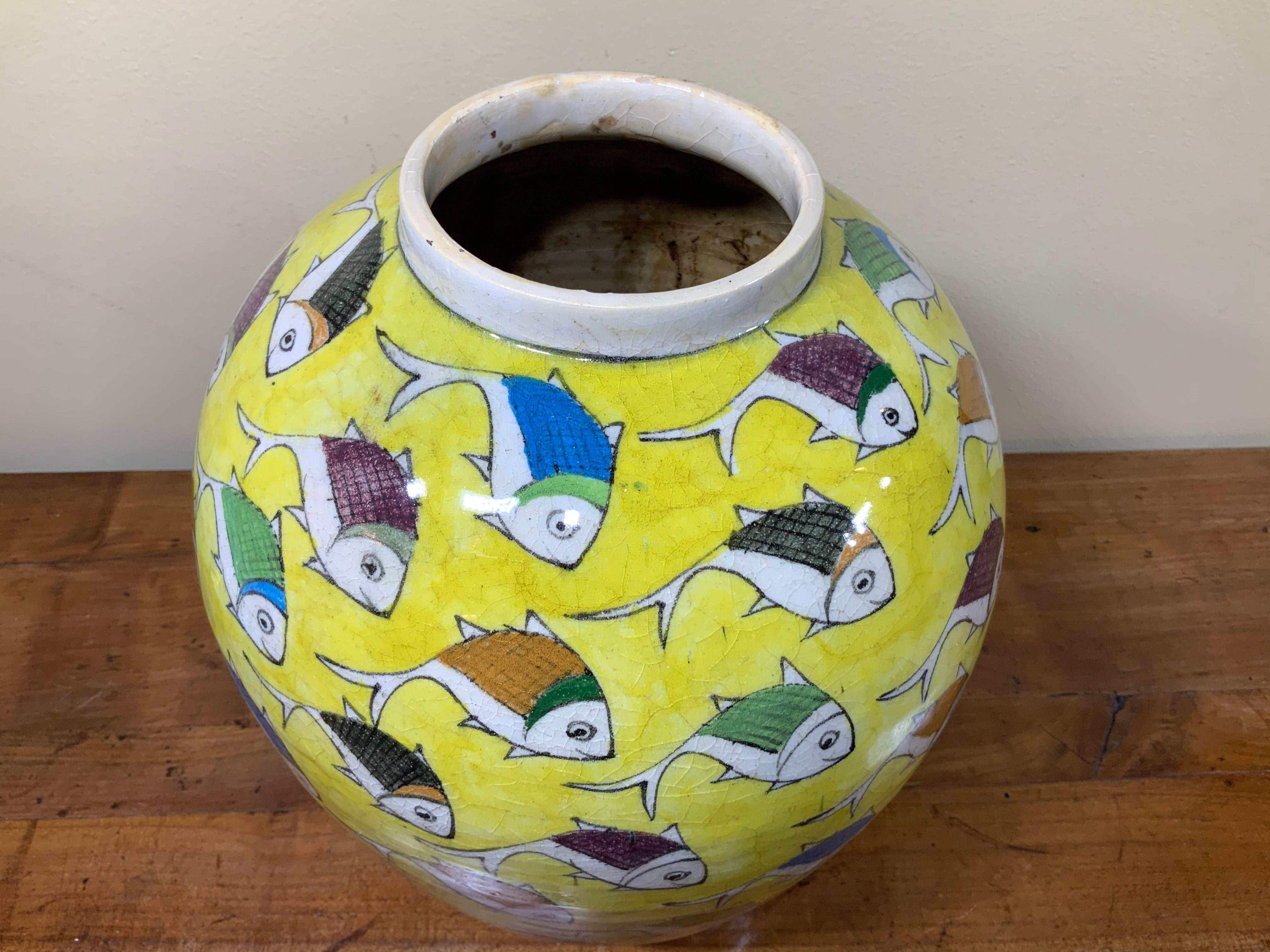 Vintage Yellow Hand Painted Ceramic Fish Vase In Good Condition In Delray Beach, FL