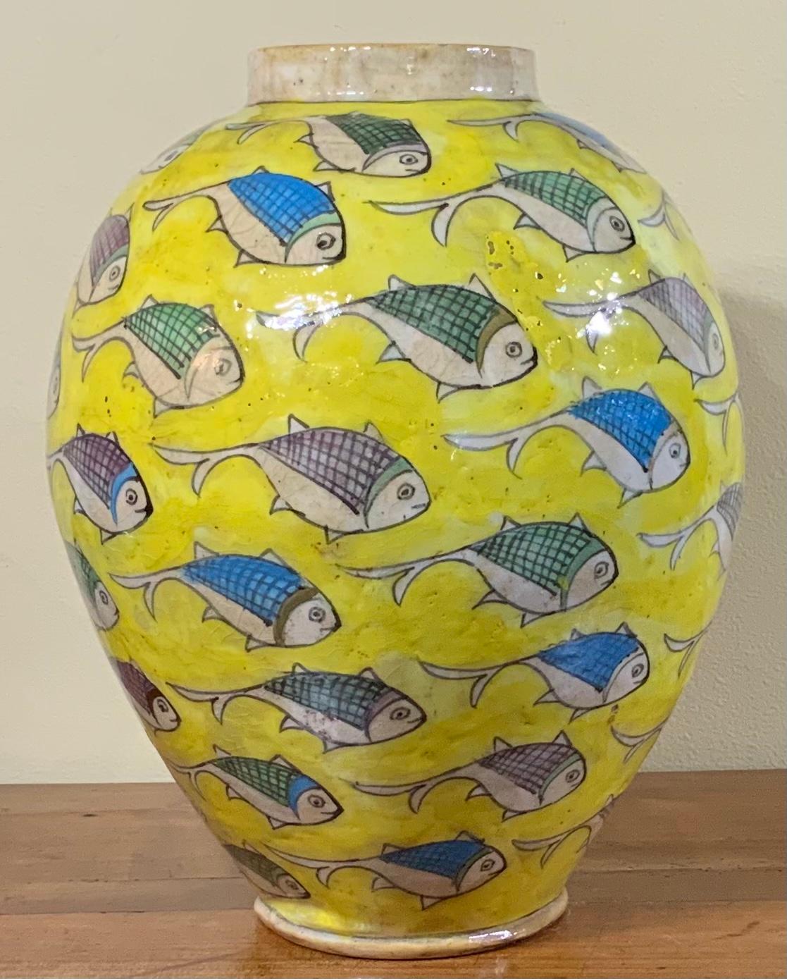 Hand-Painted Vintage Yellow Hand Painted Ceramic Fish Vase