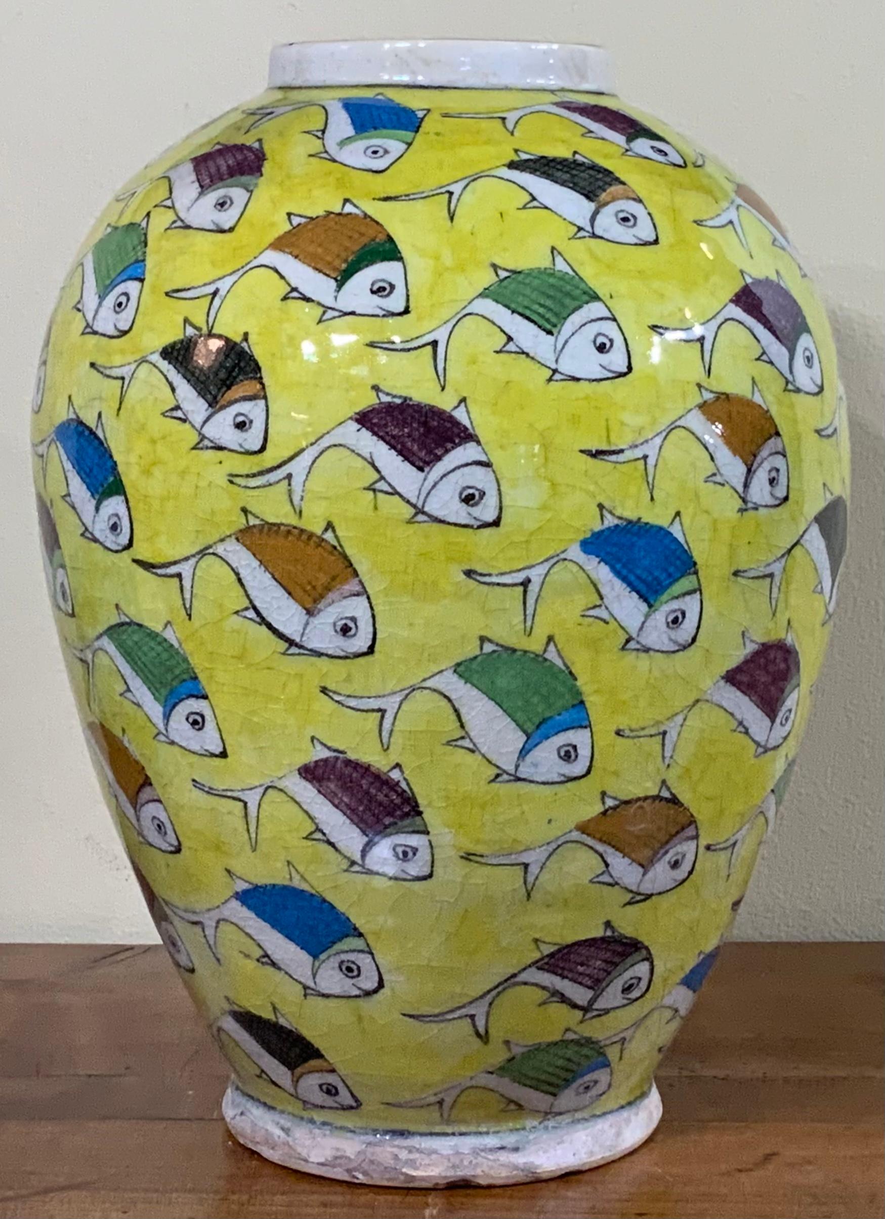 Mid-20th Century Vintage Yellow Hand Painted Ceramic Fish Vase