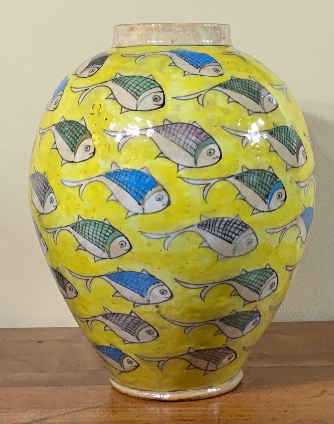Mid-20th Century Vintage Yellow Hand Painted Ceramic Fish Vase