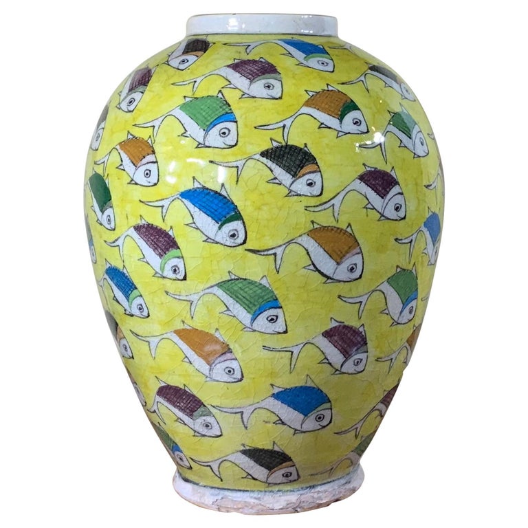 Vintage Yellow Hand Painted Ceramic Fish Vase at 1stDibs
