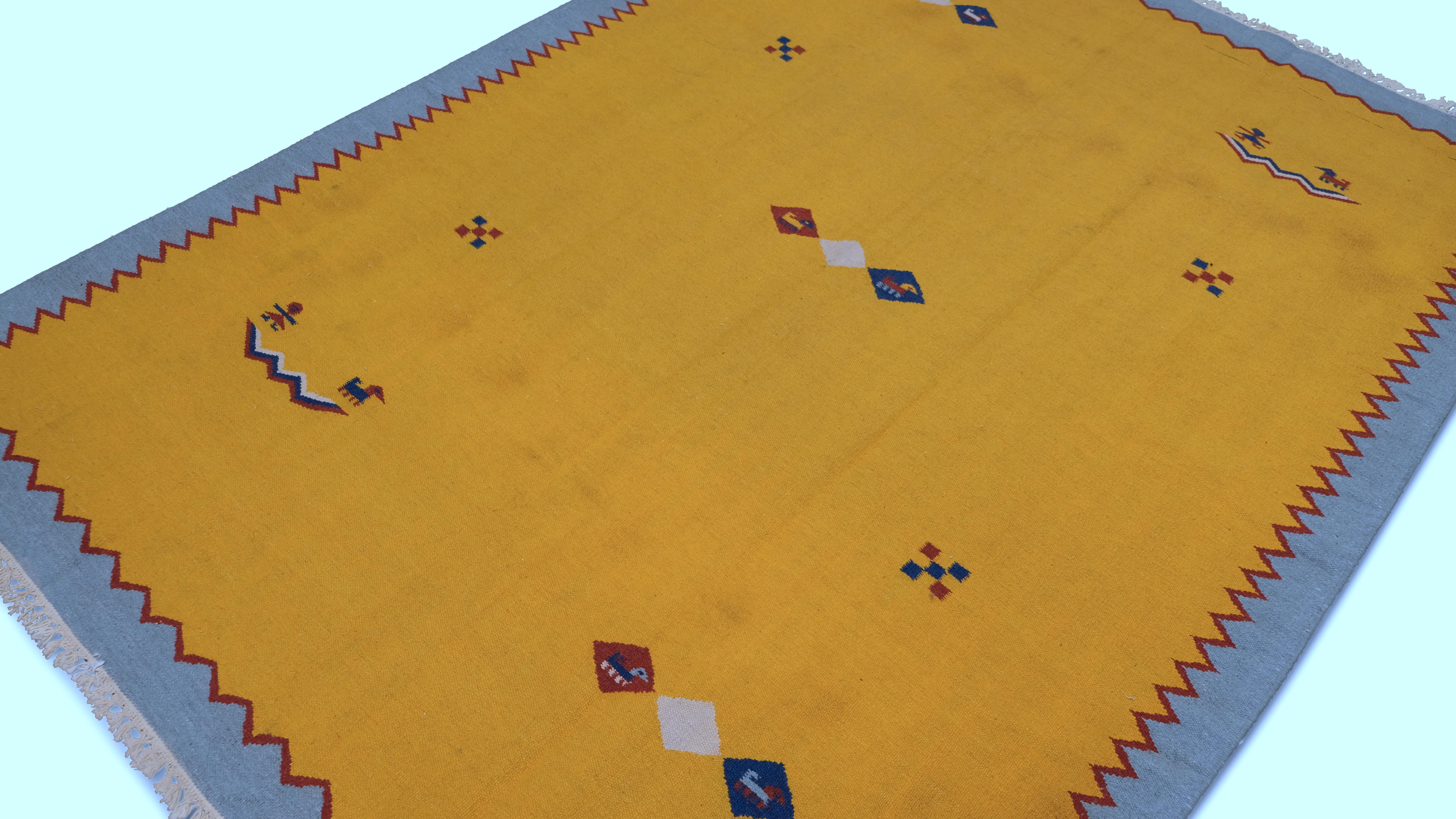 Modern Vintage Yellow Hand-Woven Kilim 5'6''x7'7'' Circa 1960 For Sale
