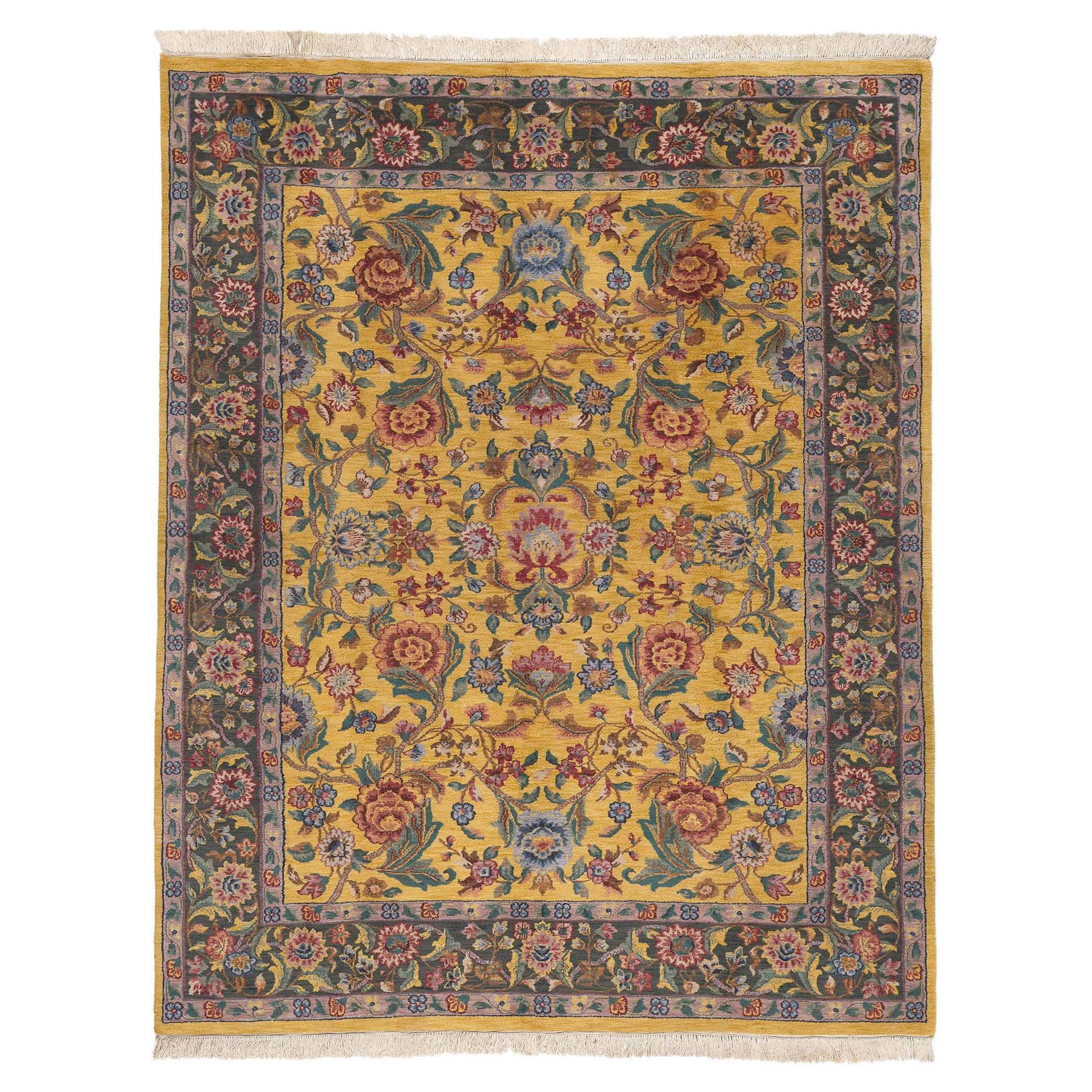 Tappeto Tabriz indiano giallo vintage con stile rustico inglese e artigianale in vendita