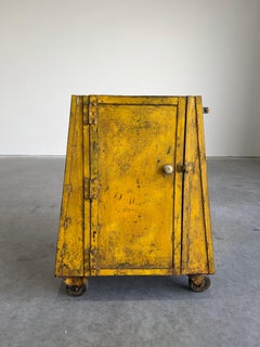 Vintage Yellow Industrial Metal Rolling Cabinet Cart
