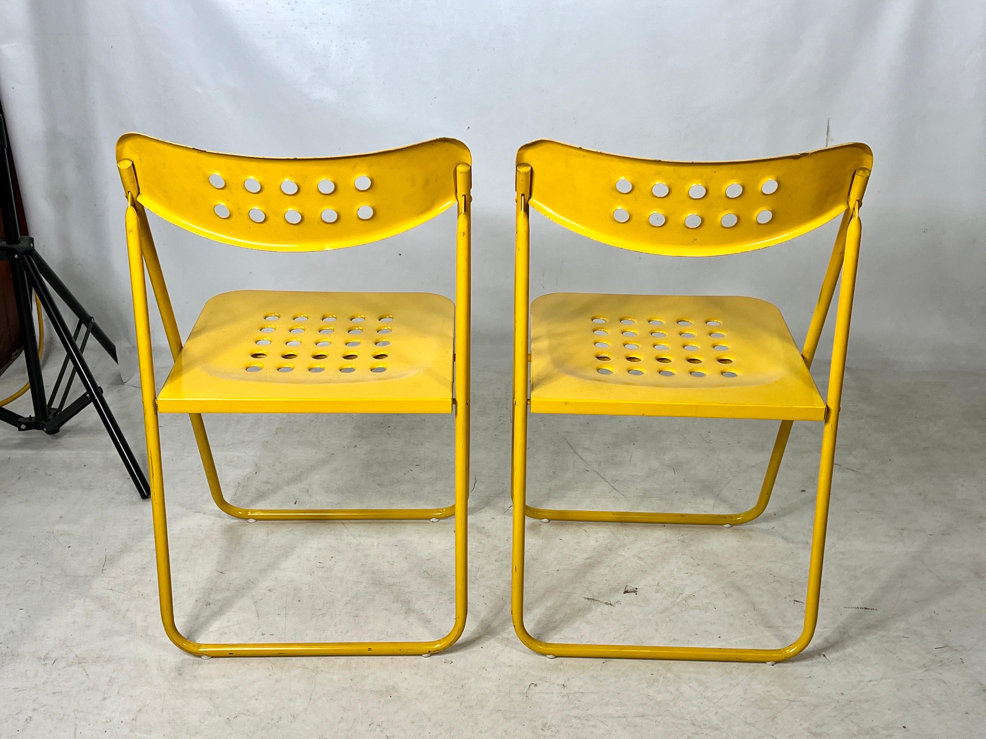 Metal Vintage Yellow Industrial Modern Folding Chairs - a Pair For Sale