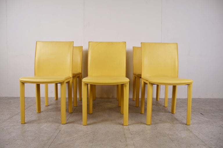 Vintage Yellow Leather Dining Chairs by Arper Italy, 1980s at 1stDibs