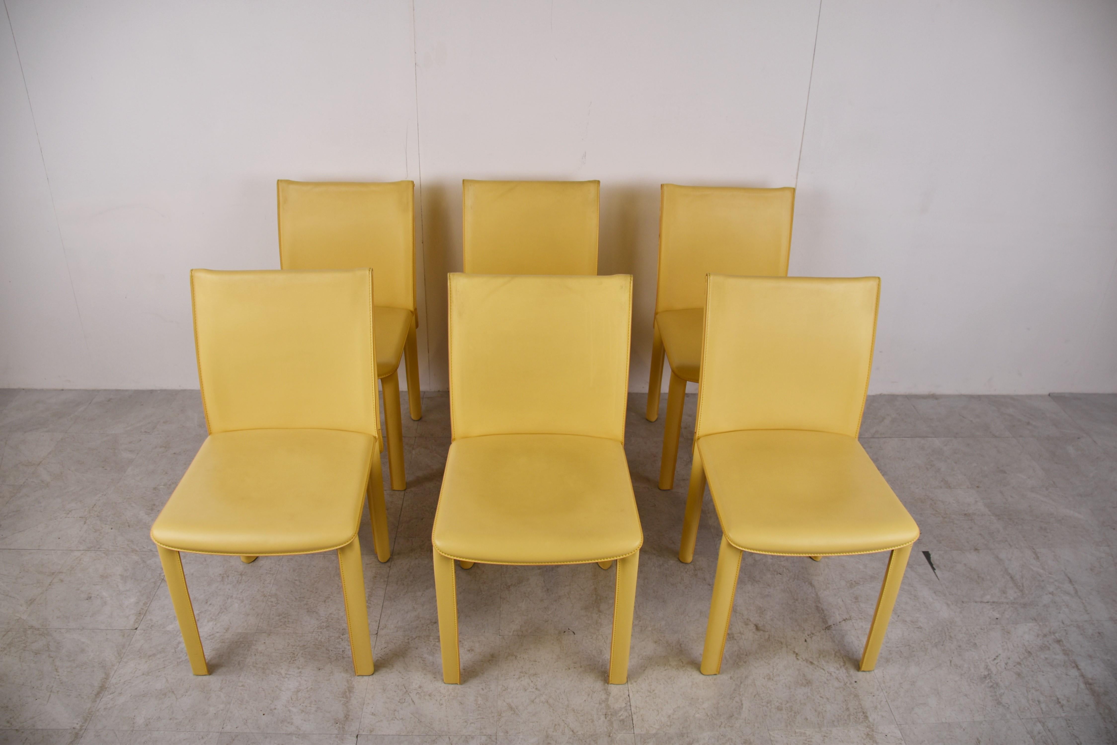 Mid-Century Modern Vintage Yellow Leather Dining Chairs by Arper Italy, 1980s