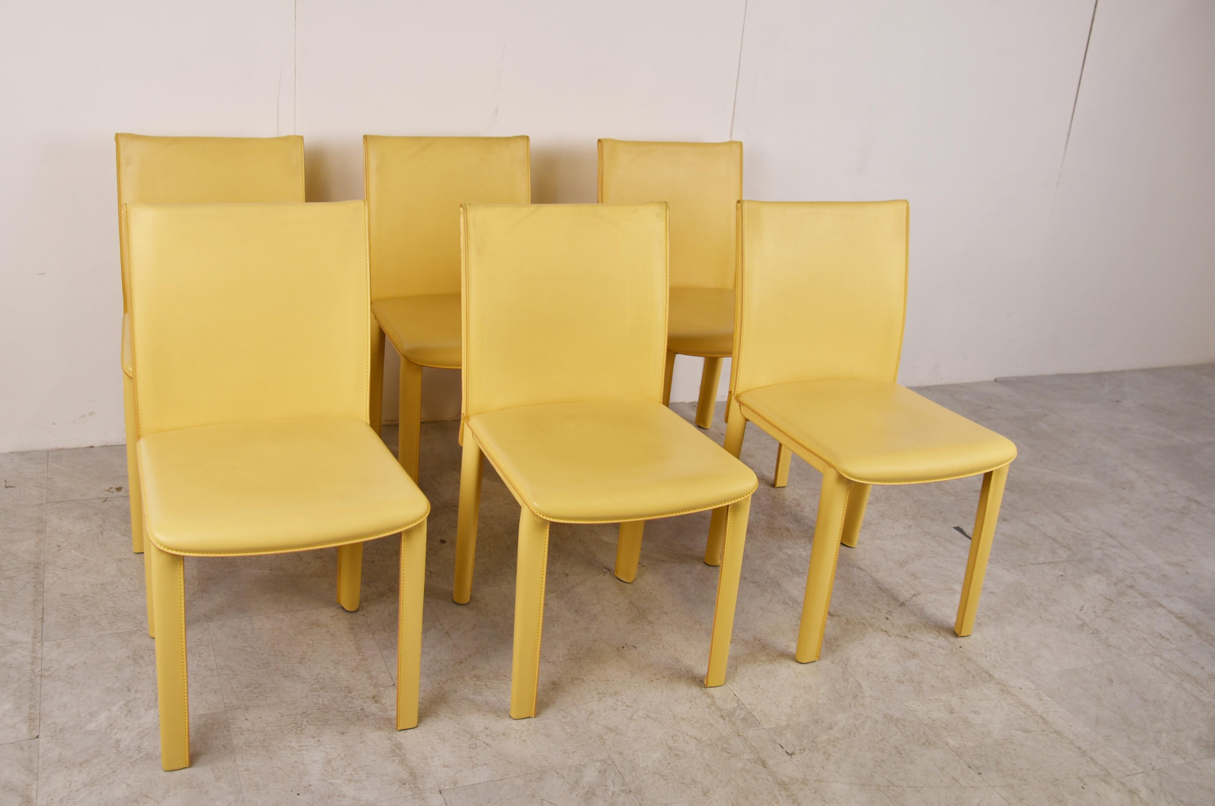 Italian Vintage Yellow Leather Dining Chairs by Arper Italy, 1980s