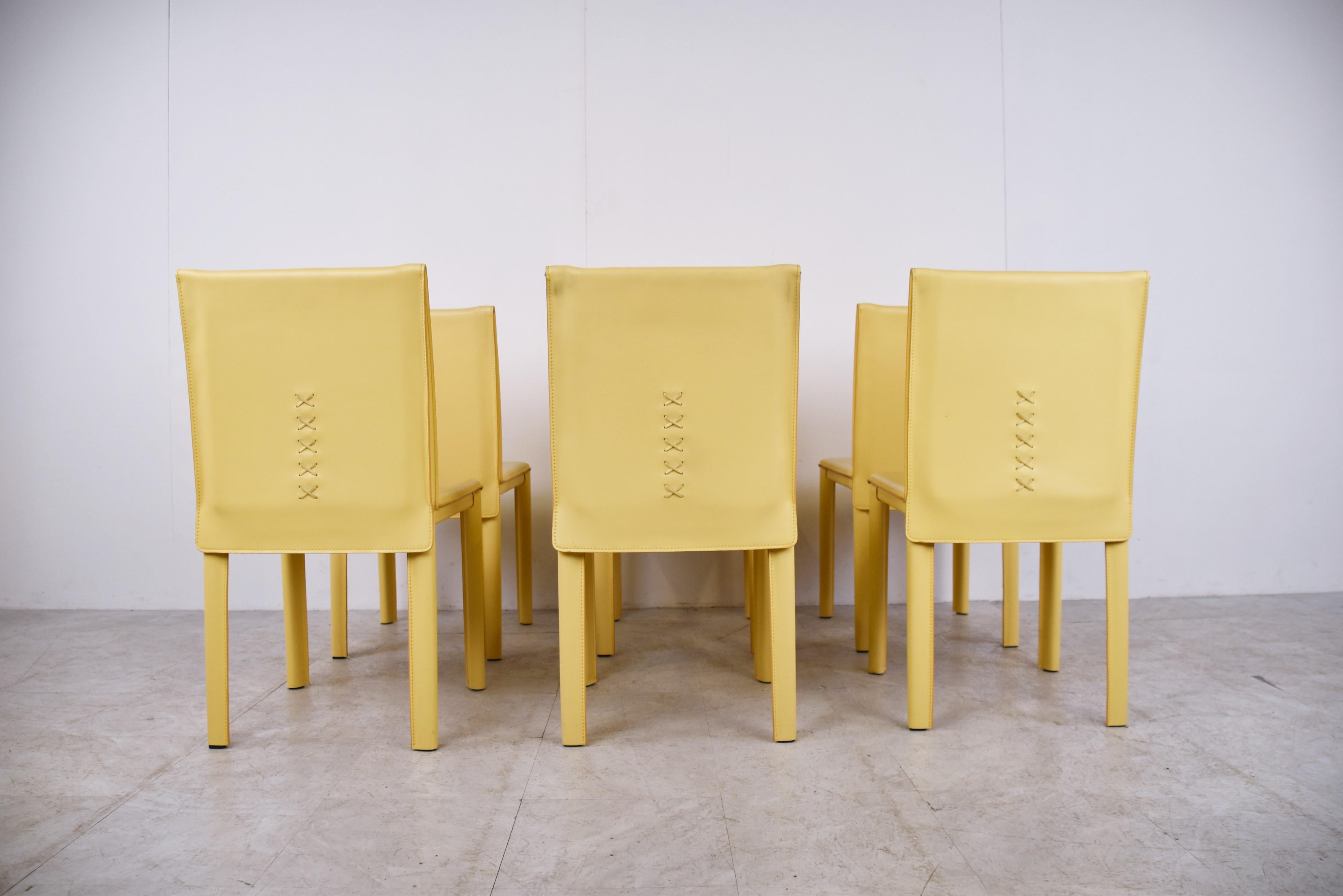 Vintage Yellow Leather Dining Chairs by Arper Italy, 1980s 2