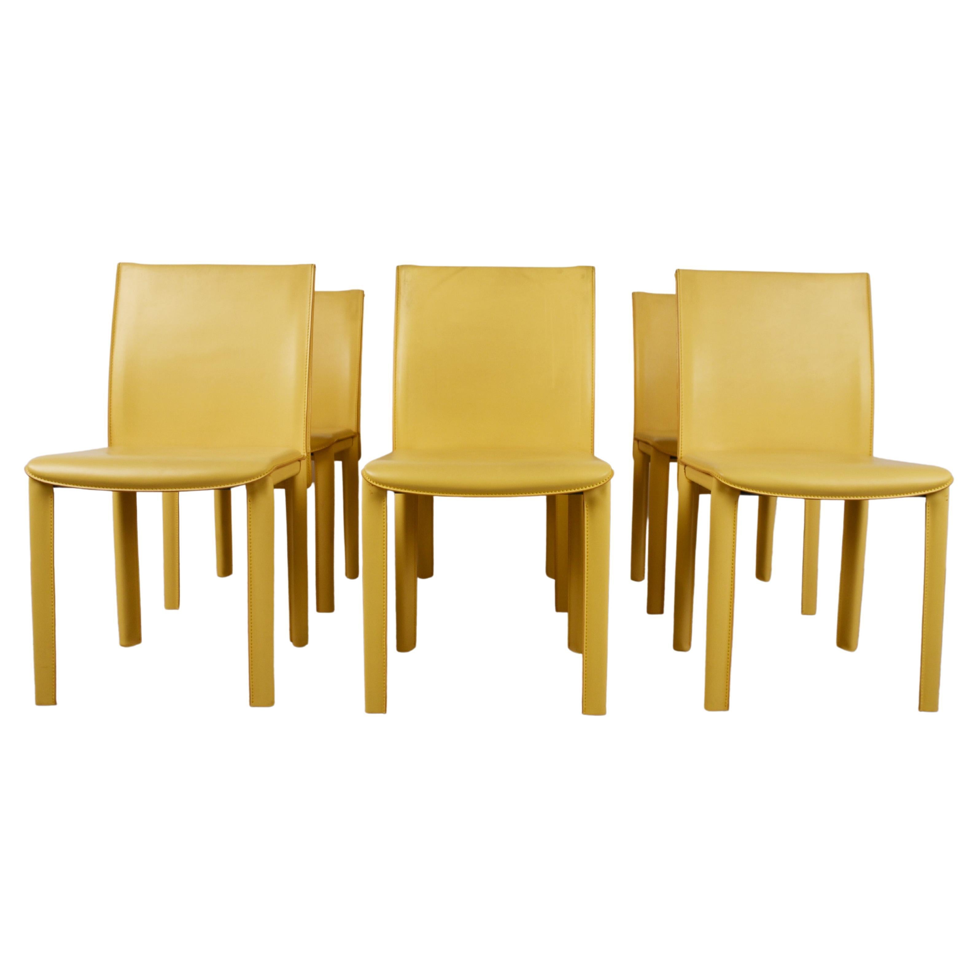 Vintage Yellow Leather Dining Chairs by Arper Italy, 1980s