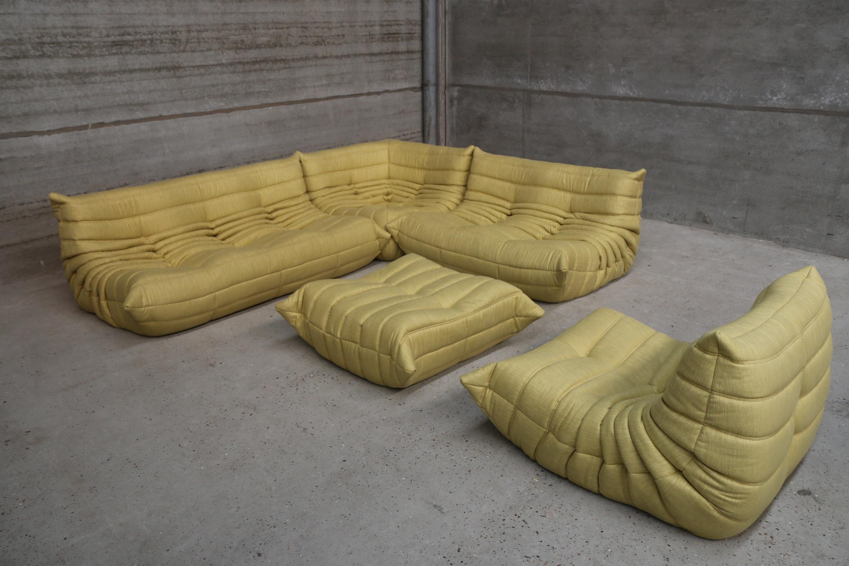 Iconic French vintage sofa lounge set, beautifully reupholstered with our stain free, washable and very durable yellow 