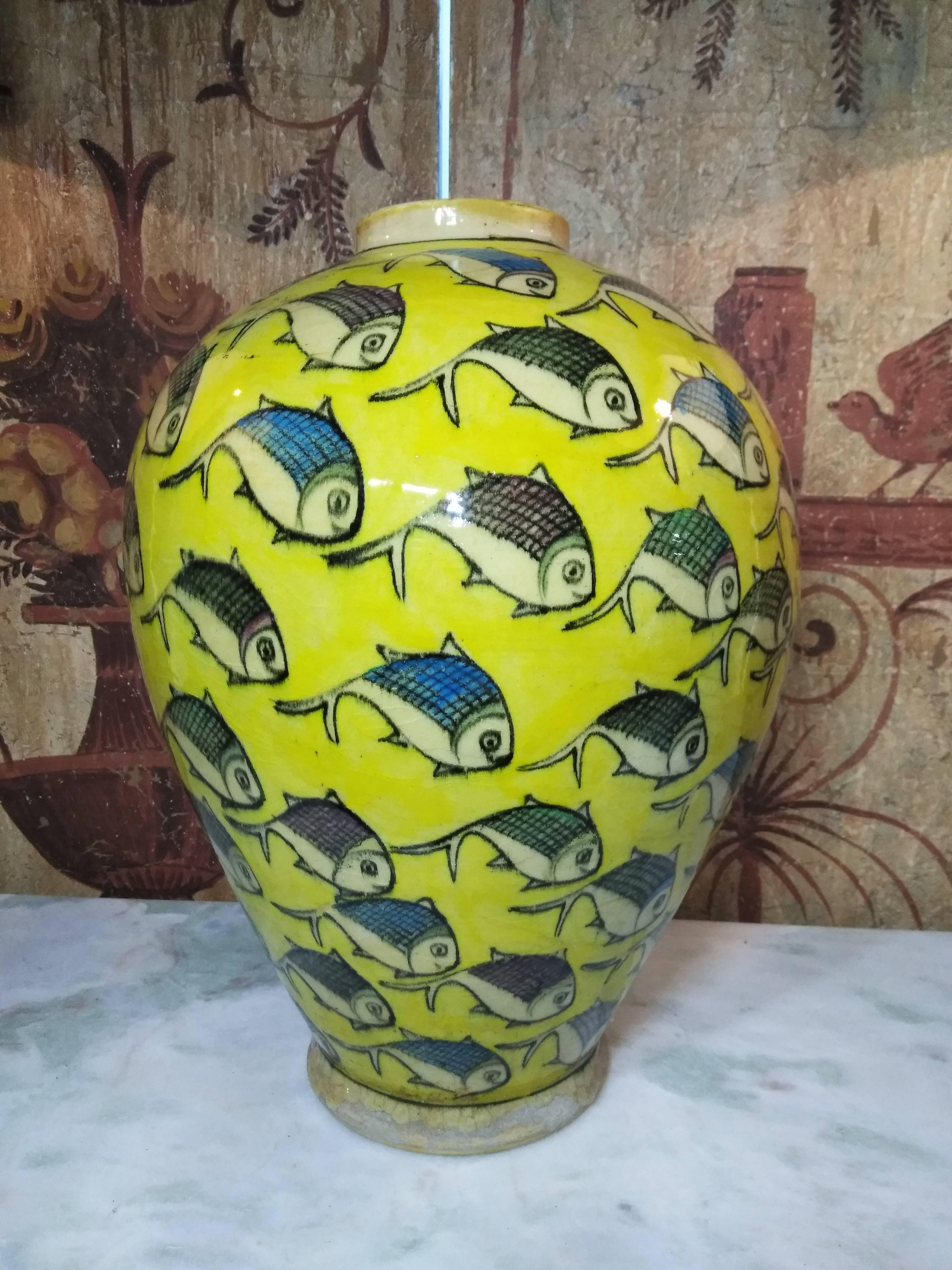Asian Vintage Yellow Persian Ceramic Fish Vase